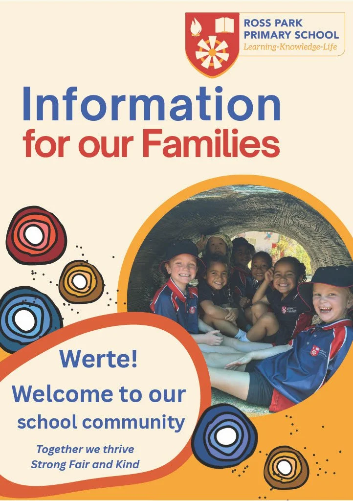 A school brochure for Ross Park Primary School featuring a group of smiling children sitting inside a tunnel. The brochure includes the school logo, a welcoming message for families, and colorful circular designs.