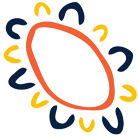 Abstract colorful sunburst design with a red oval at the center, surrounded by yellow and dark blue curved lines.