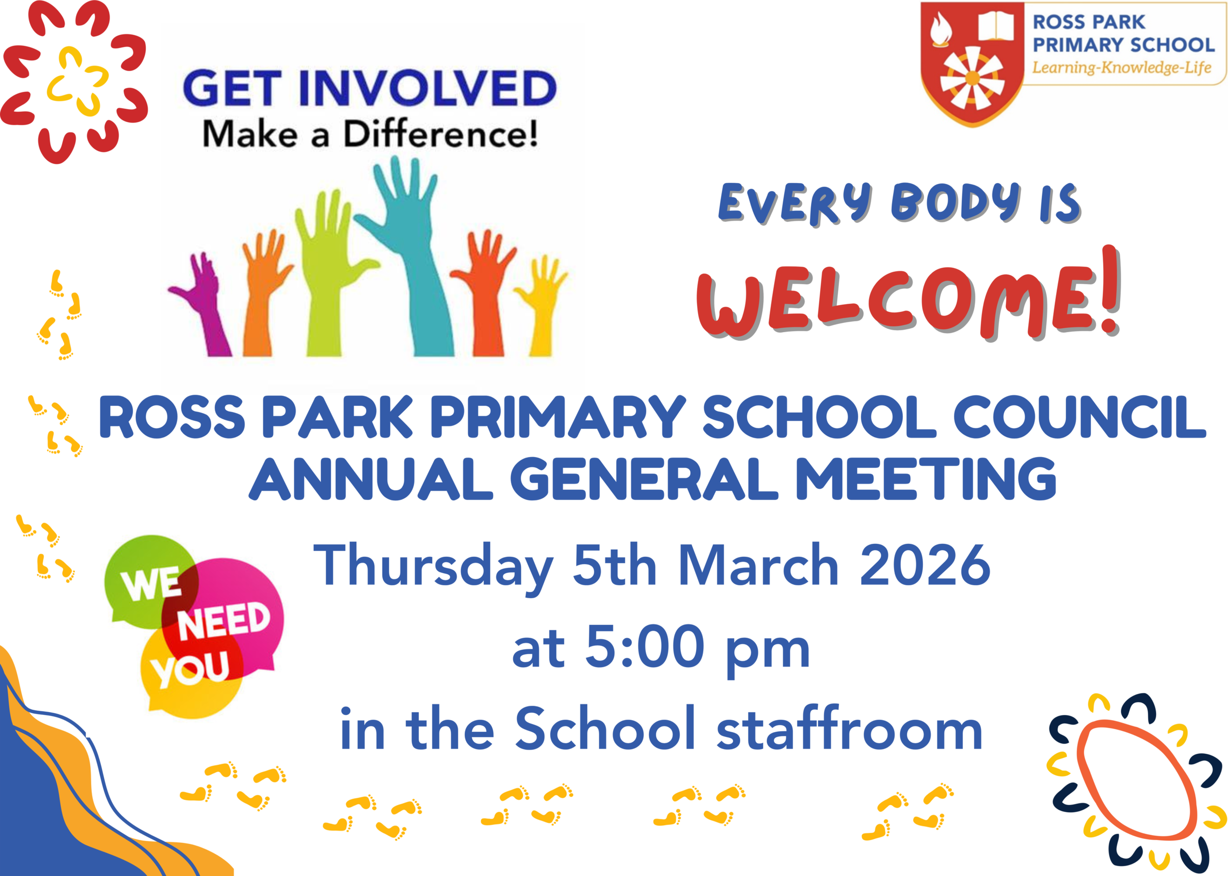 Announcement poster for Ross Park Primary School's Annual General Meeting, with colorful graphics, raised hands, and text promoting community involvement and support for the school event scheduled for Thursday, March 5, 2026, at 5:00 pm in the school staffroom.