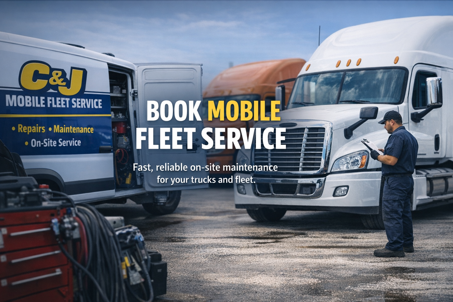 A mobile fleet service vehicle and a truck at a service station with a technician holding a clipboard, promoting on-site maintenance for trucks and fleet vehicles.