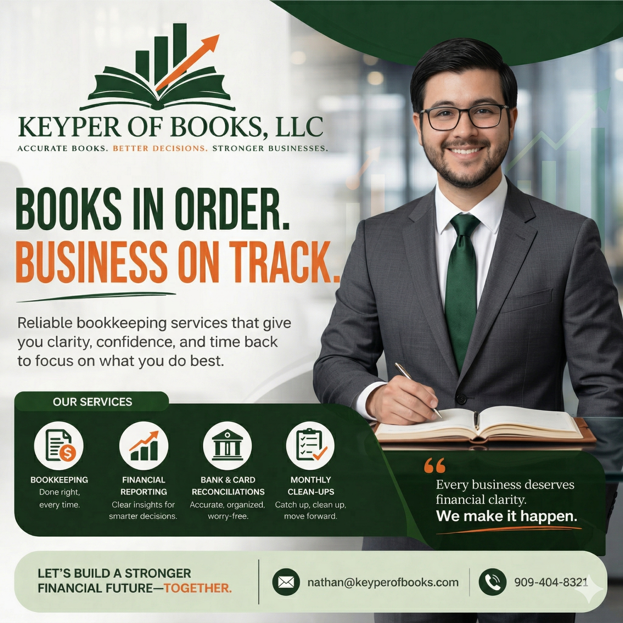 A man in a suit smiling, sitting at a desk with an open notebook, with a business-themed advertisement on a glass wall behind him. The ad promotes bookkeeping services with icons for bookkeeping, financial reporting, bank & card reconciliation, and monthly clean-ups, with contact information at the bottom.