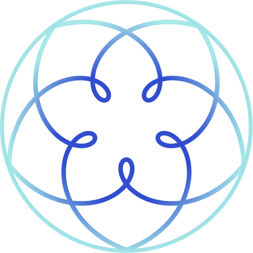 Colorful geometric circular pattern with overlapping loops and lines.
