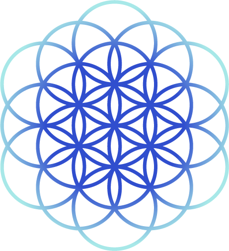 A geometric pattern of overlapping circles forming a flower-like design with a gradient from teal to dark blue.