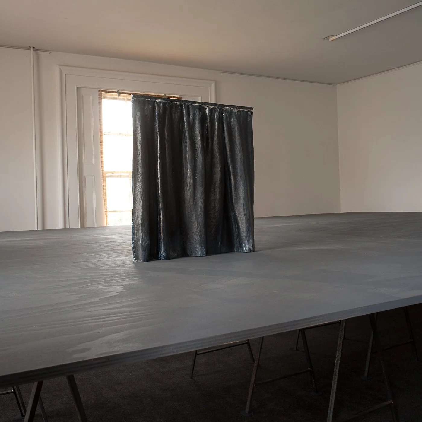 Blue Curtain, carved and painted wood on room sized platform, 5 x 12 x 18 ft, 2012