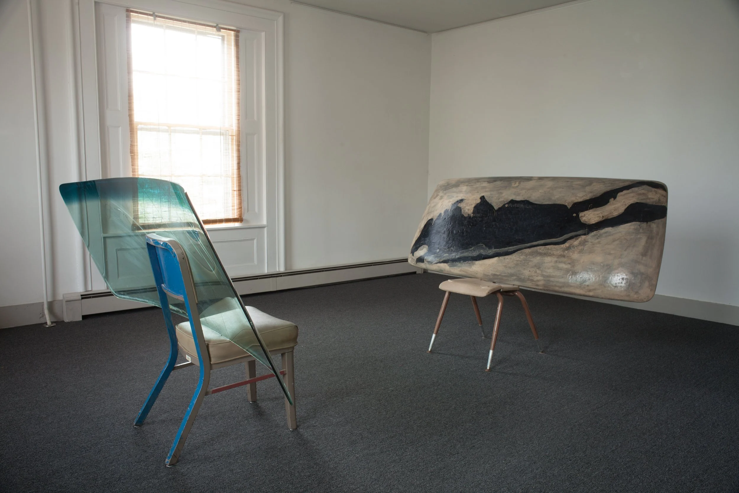 Long Island Windshield - 2 parts, carved and painted wood, 70 x 30 x 6 on chair, 2012