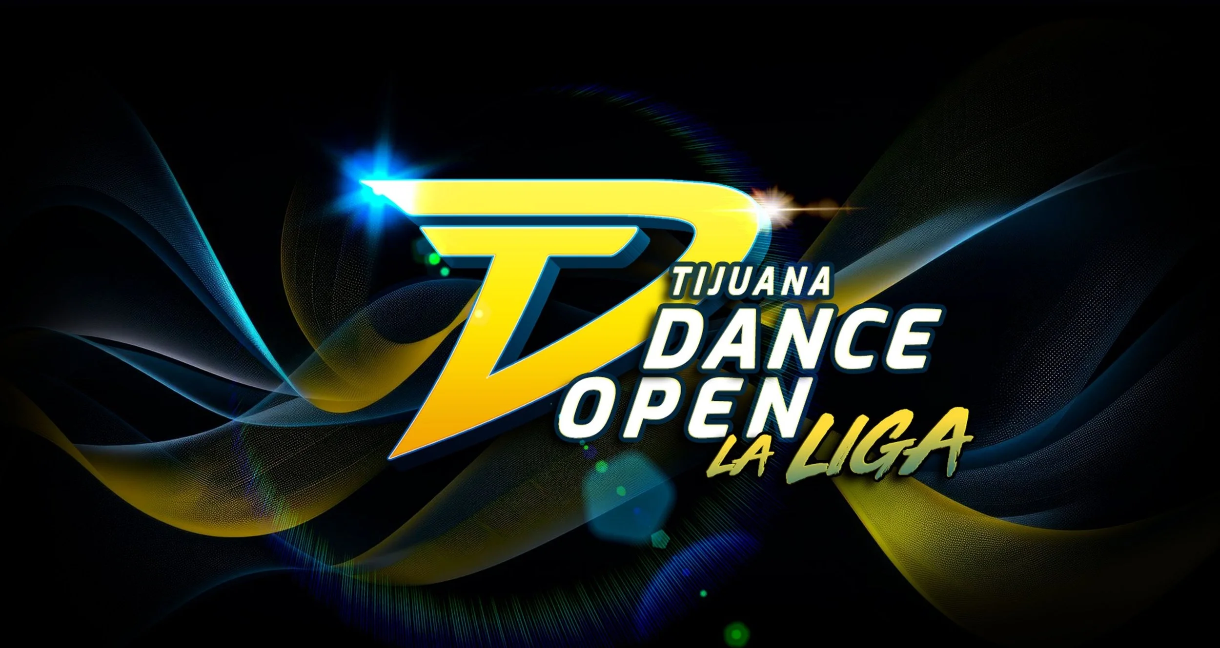 Logotipo del Tijuana Dance Open La Liga con letras en color amarillo y blanco, con fondo negro y efectos de luces en azul y amarillo.