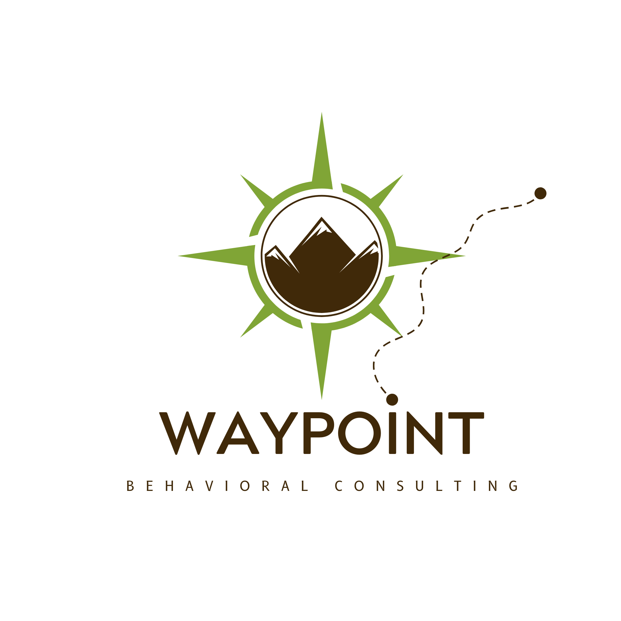 Logo featuring a green compass rose with mountain peaks inside a circle, the word 'WAYPOINT' below, and 'BEHAVIORAL CONSULTING' beneath that.