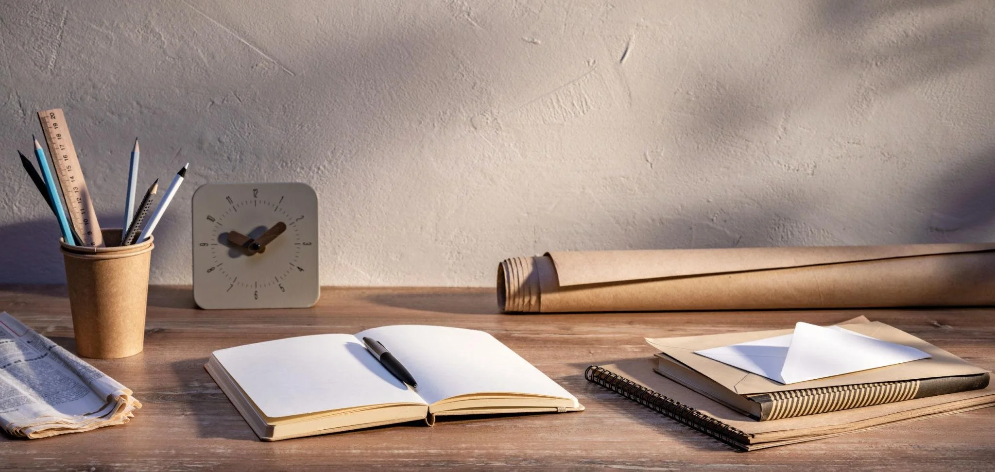 A desk with a brown paper cup holding pens and pencils, a clock with black hands, an open notebook with a pen, and various papers and folders.