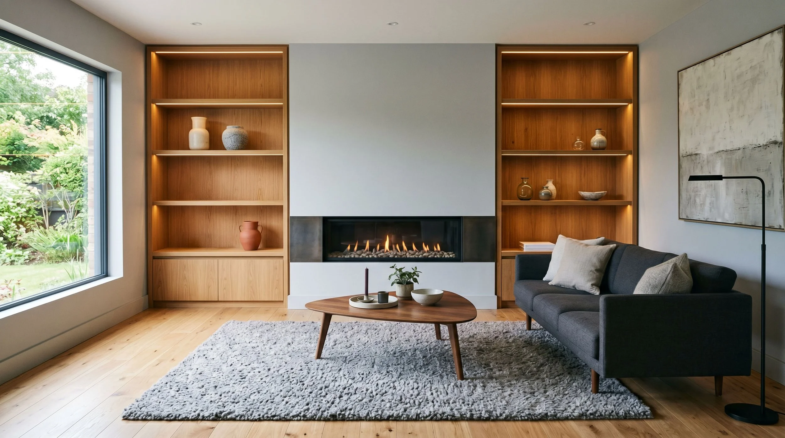 Living room with a wood fireplace, two built-in wooden shelves with decorative vases, a black sofa with pillows, a wooden coffee table with a plant and candles, a large window showing greenery, a textured rug, and a modern lamp.