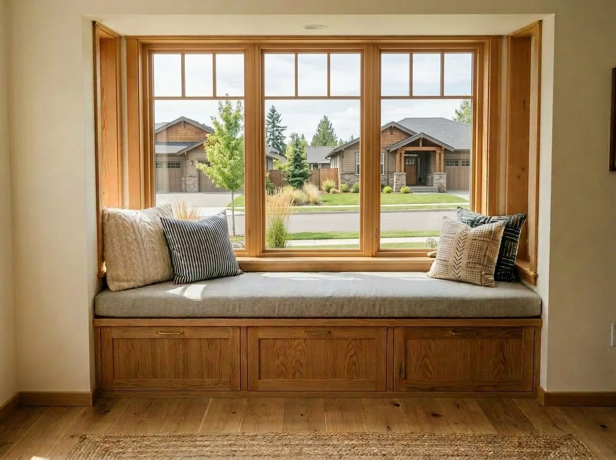A cozy indoor window seat with a cushioned bench and throw pillows, surrounded by a large wooden-framed window showing a suburban neighborhood with houses, trees, and a street.