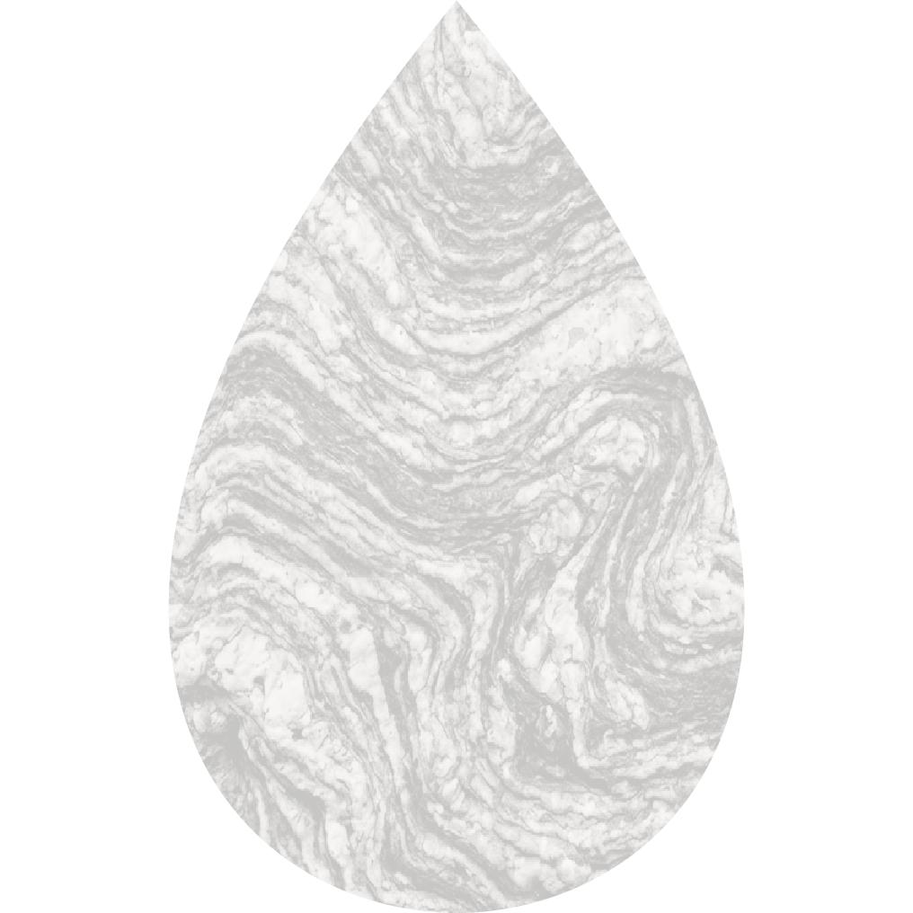 Brand asset: a solid water drop shaped vector icon, with a white tinted, reduced opacity, gneiss rock pattern within the shape