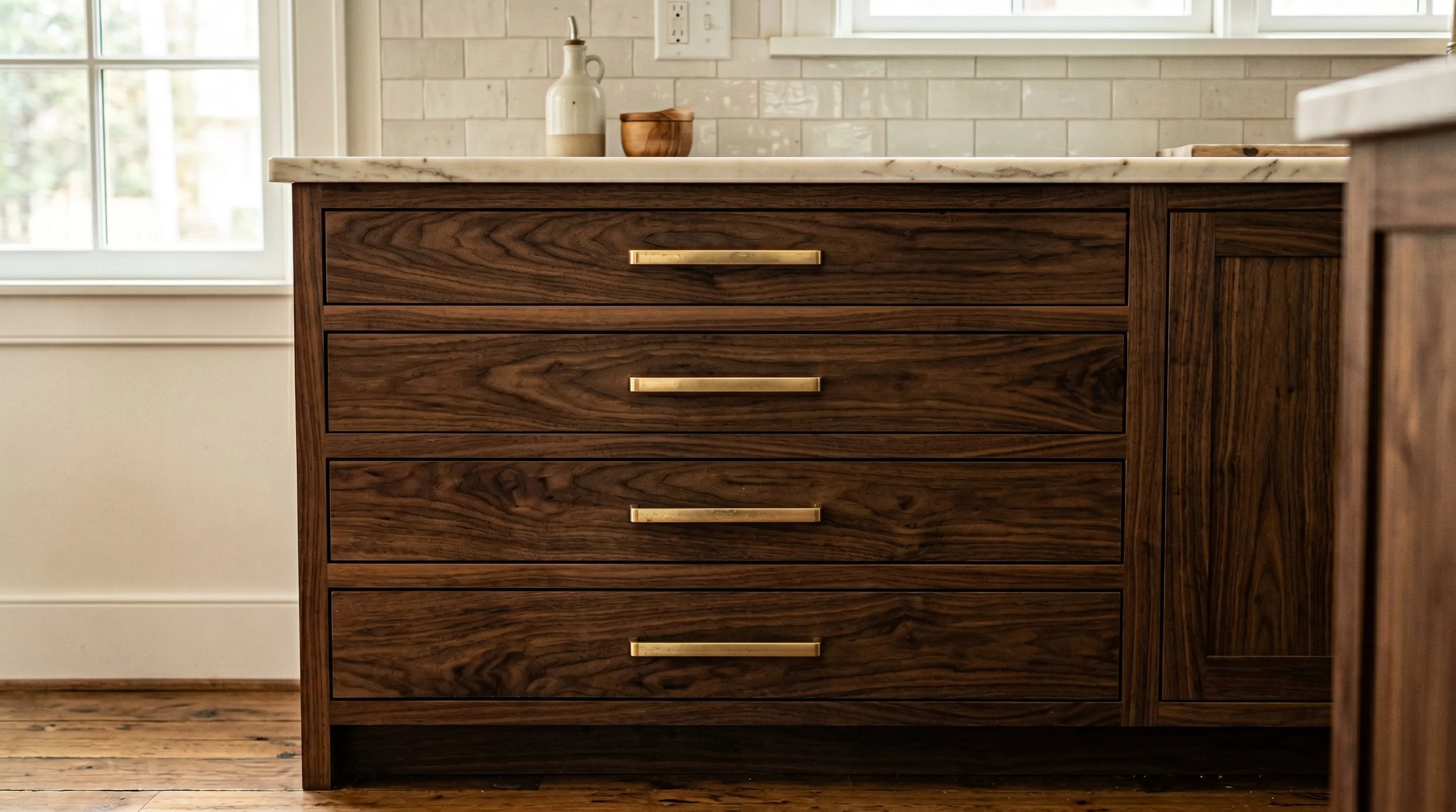 A close-up of a wooden kitchen cabinet with five drawers, each with a sleek brass handle. The cabinet has a white marble countertop. In the background, there is a window, a beige tiled backsplash, and a cream-colored wall with electrical outlets and a light switch.