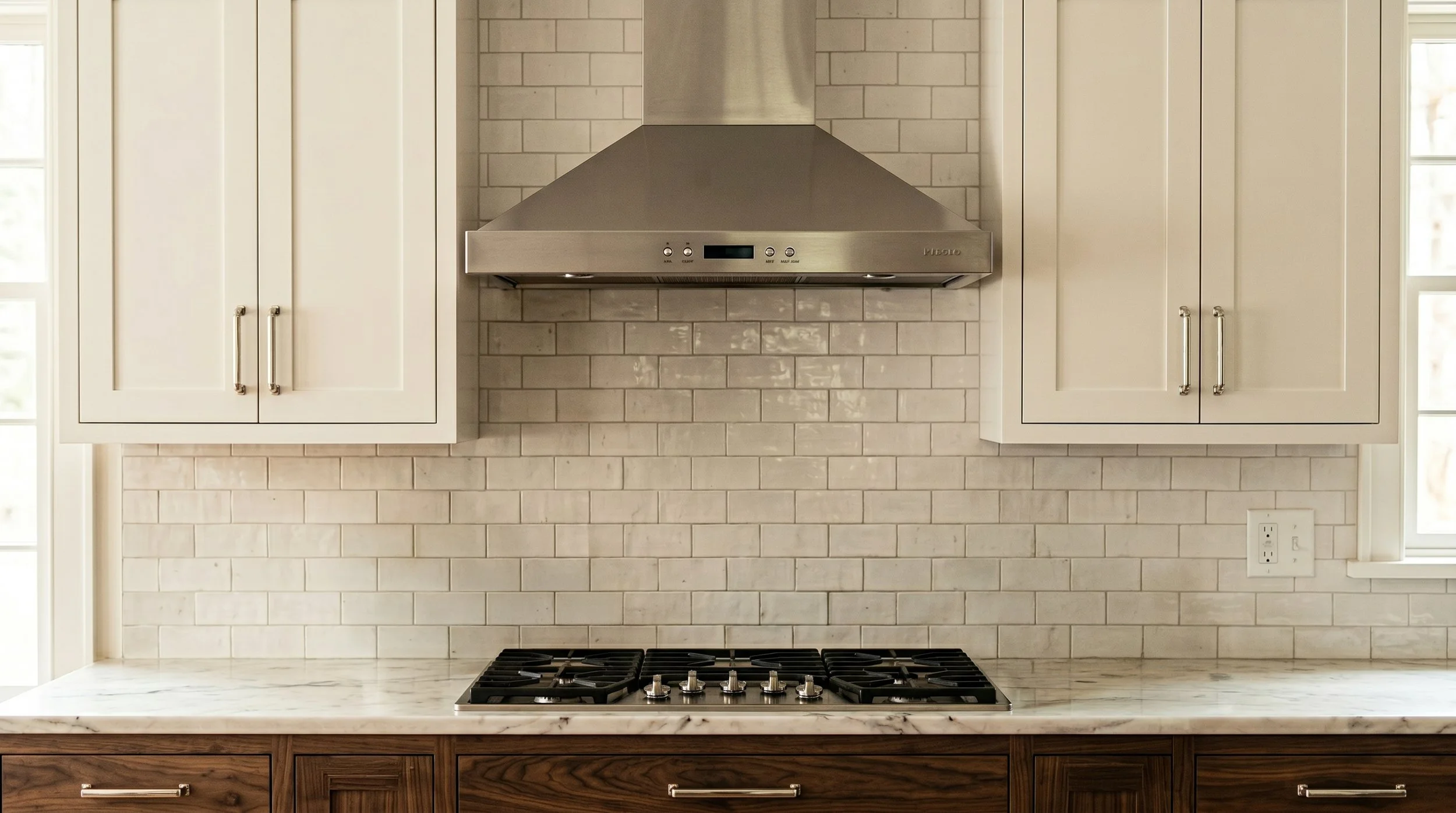 A kitchen with white cabinets, a stainless steel range hood, a gas stove, a marble countertop, and beige subway tile backsplash.