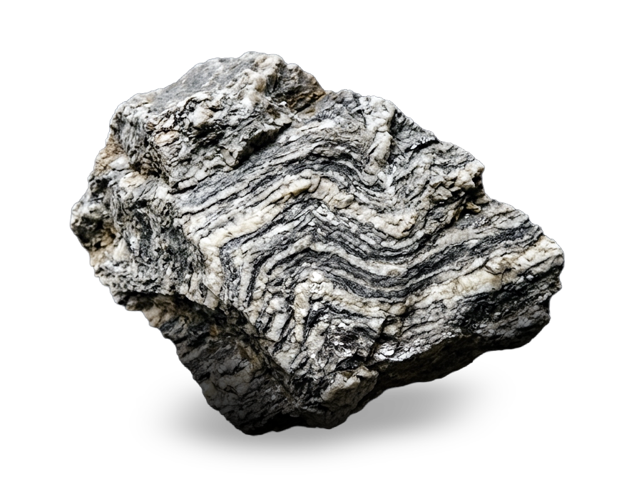 A textured rock with black and white banded patterns on a black background.