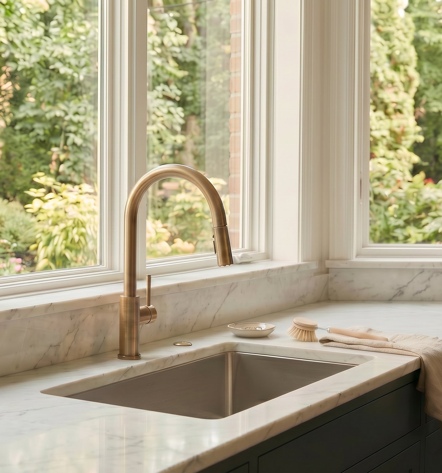 Kitchen sink with a modern brass faucet, white marble countertop, and a window overlooking a lush green garden.