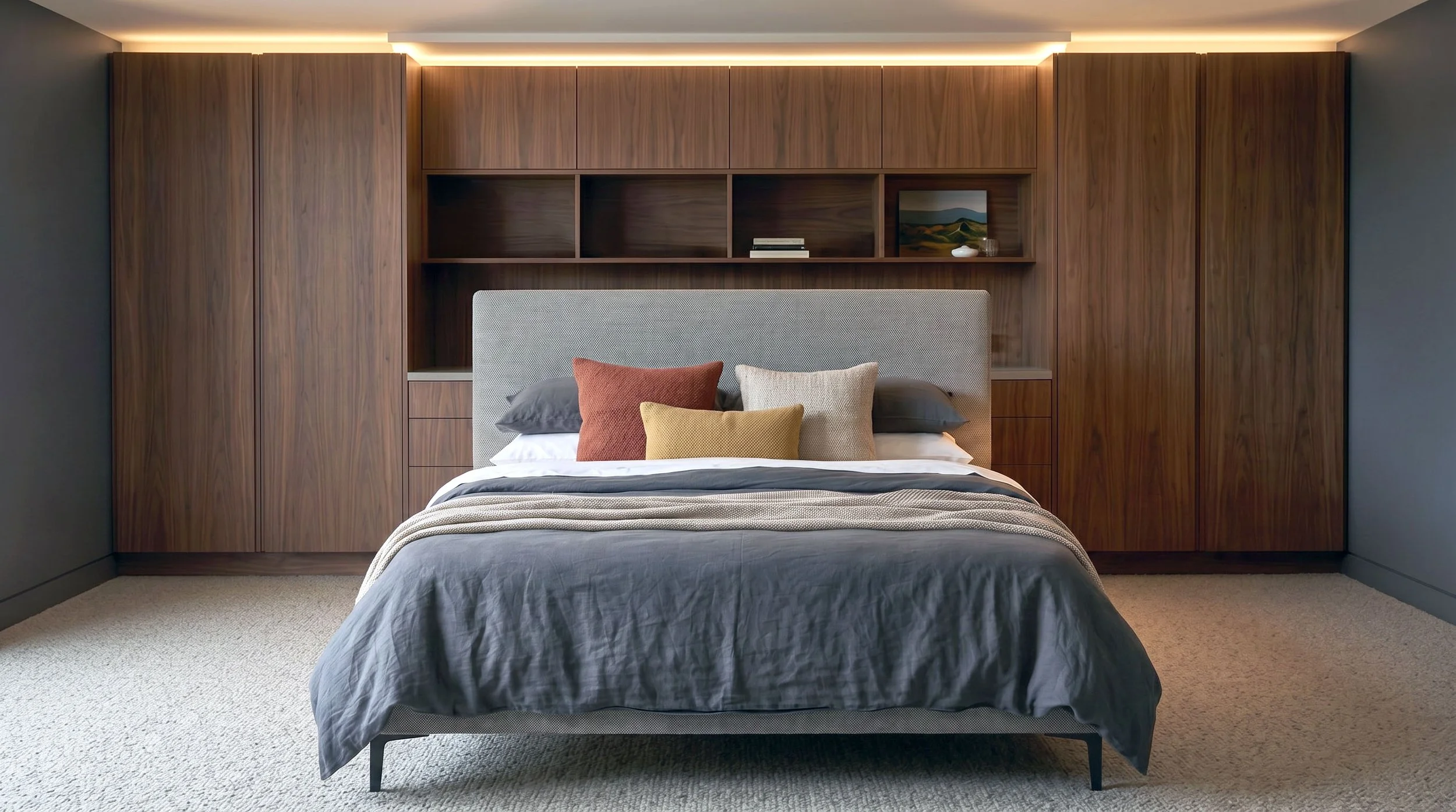 Modern bedroom with wooden built-in storage behind the bed, gray upholstered headboard, neutral-colored bedding, and decorative pillows in shades of rust, beige, and gray, with soft ambient lighting.