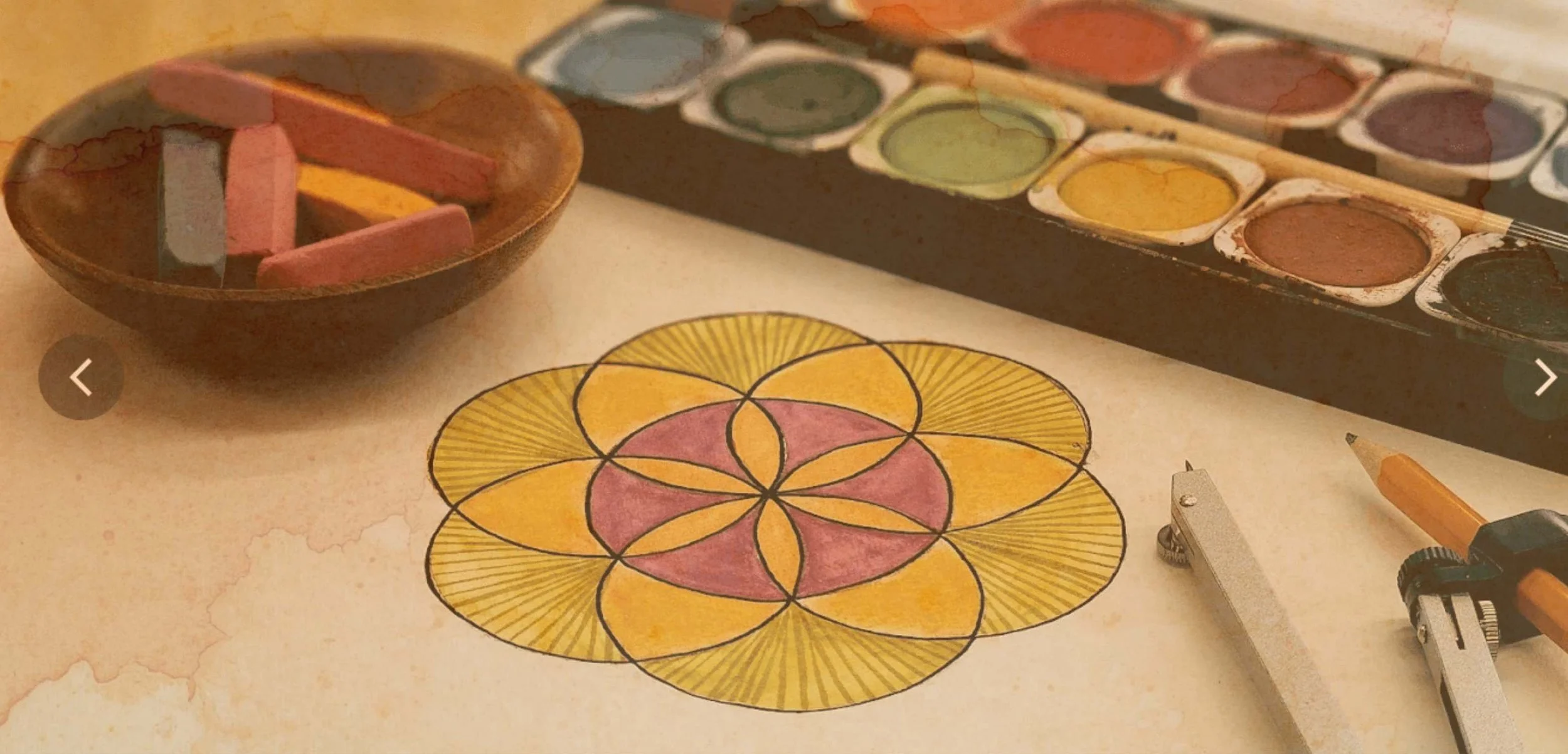 Matériel de peinture aquarelle, pinceaux, crayons de couleur, une palette de couleurs, une feuille avec un dessin géométrique coloré, composants pour la création artistique.