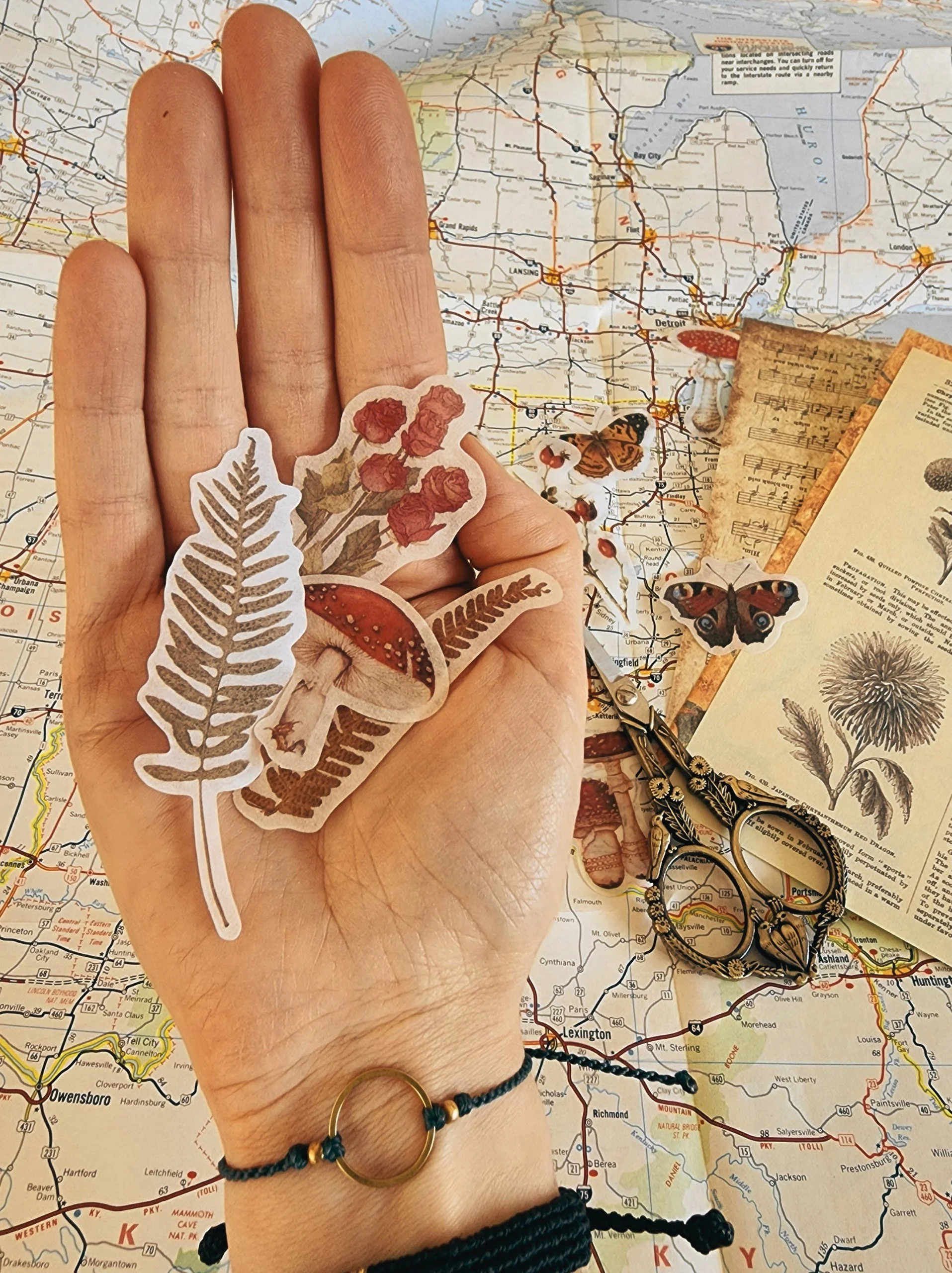 Une main tenant des stickers de feuilles et de fleurs, posé sur une carte routière, avec divers objets comme des papiers, des ciseaux, et une paire de lunettes. Préparation à une activité créative