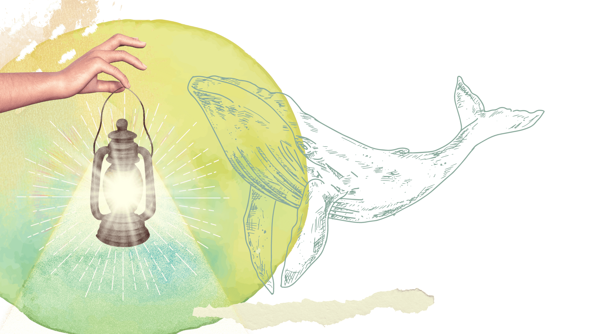A collage combining a human hand holding a lantern, a whale illustration, and abstract watercolor shapes and textures.