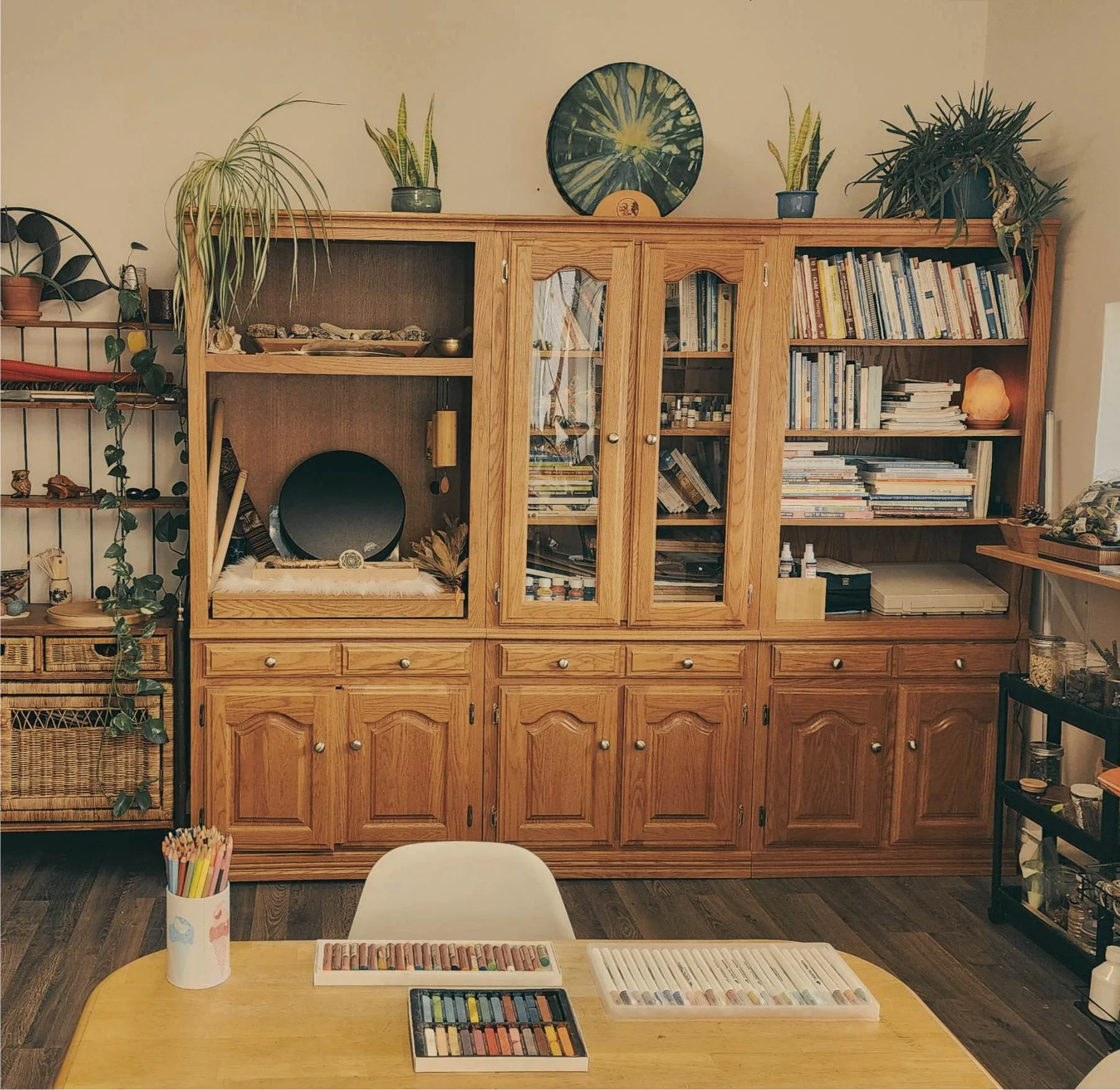 Une bibliothèque en bois contenant des livres, des plantes en pot. Devant, une table en bois avec des coffrets de pastels et un pot à crayons.