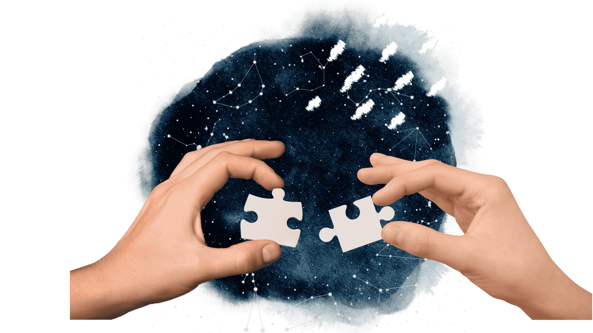 Deux mains manipulent deux pièces de puzzle blanches devant un fond d'espace avec des constellations et une formation de nuages.