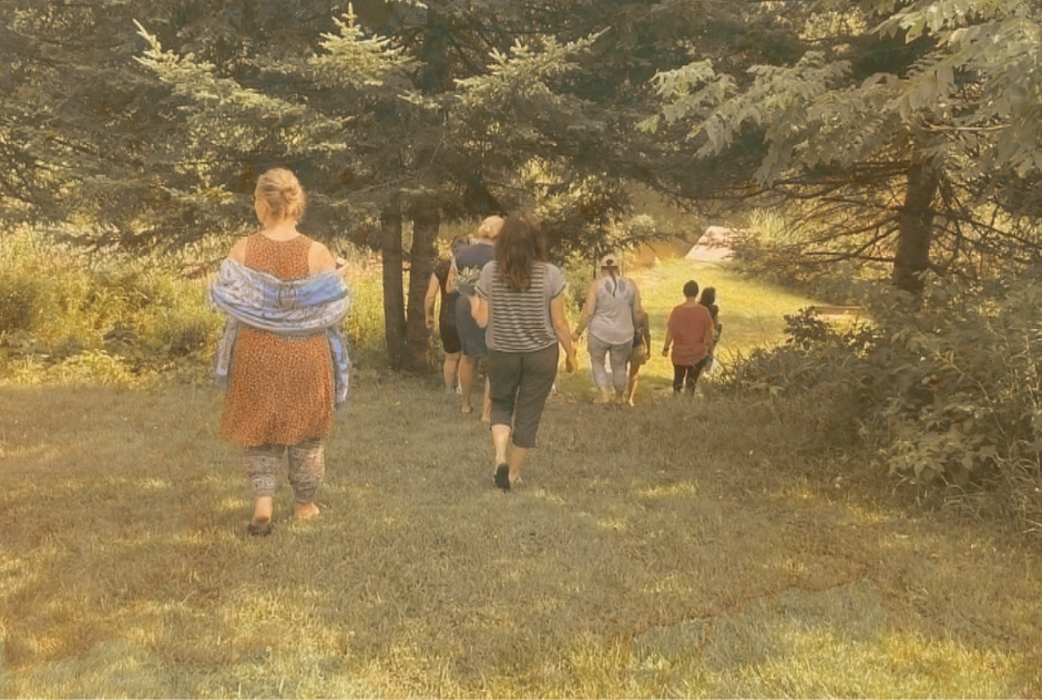 Groupe de personnes marchant dans une forêt en été.