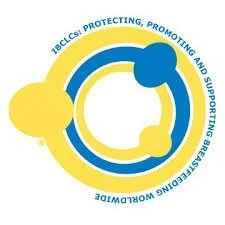 Circular logo with blue and yellow elements and text around the border, promoting protecting, promoting, and supporting breastfeeding from the International Board Certified Lactation Consultant.