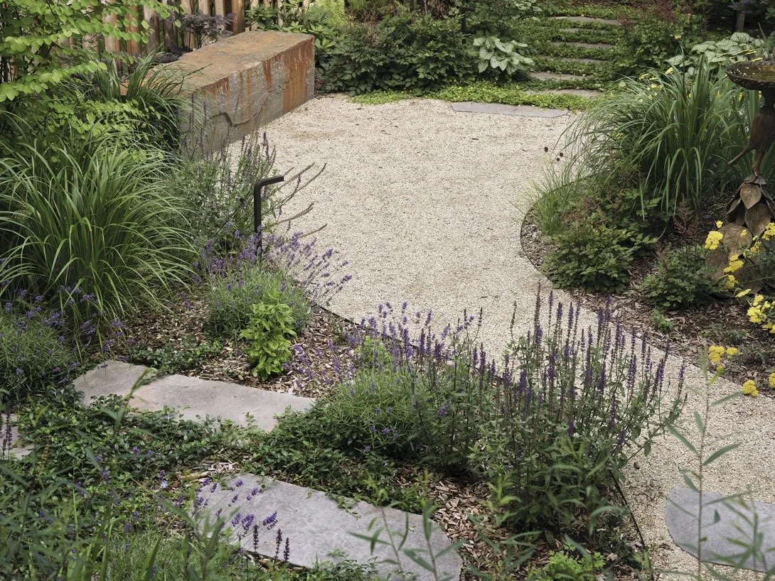 A garden with a gravel pathway, surrounding lush plants and flowers, including lavender, green foliage, and a small stone ledge at the back.