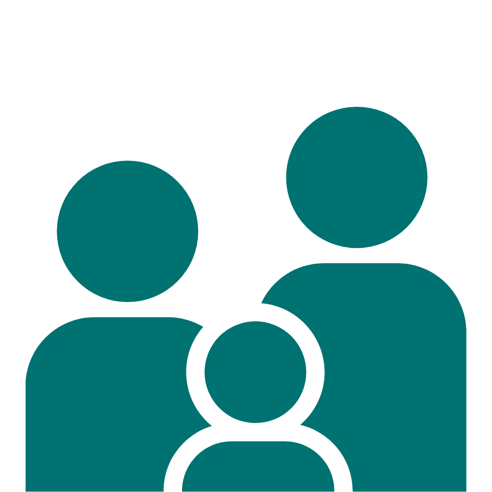 Icon depicting a group of three people, with two larger figures in the background and one smaller figure in the foreground.