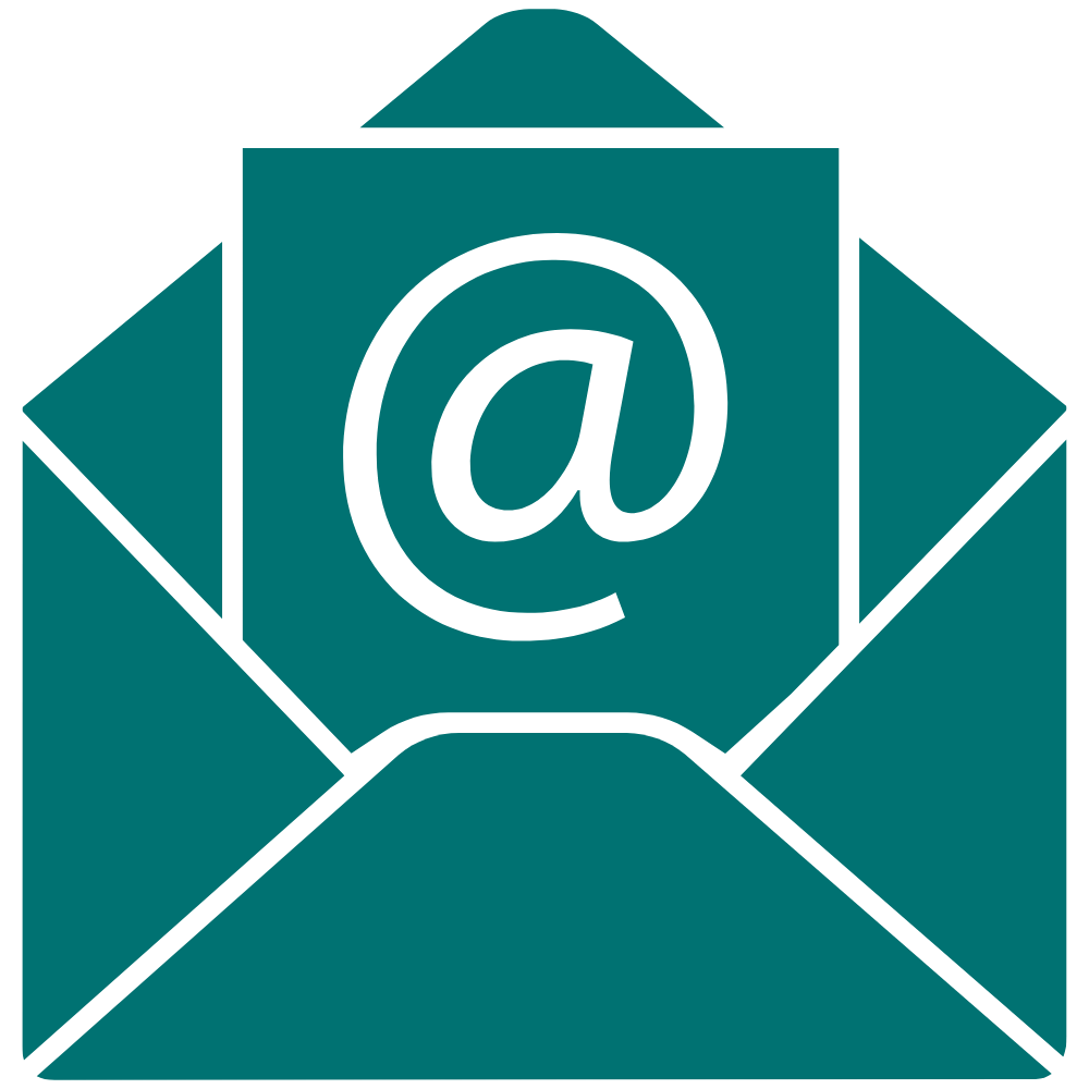 Open teal envelope with a letter showing a large black at symbol (@)