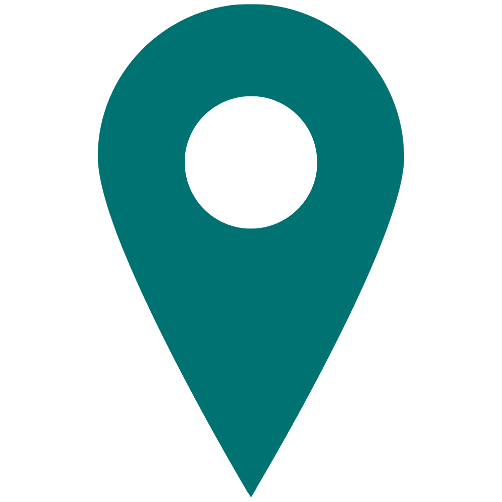 A teal map location pin icon with a black hole in the center.