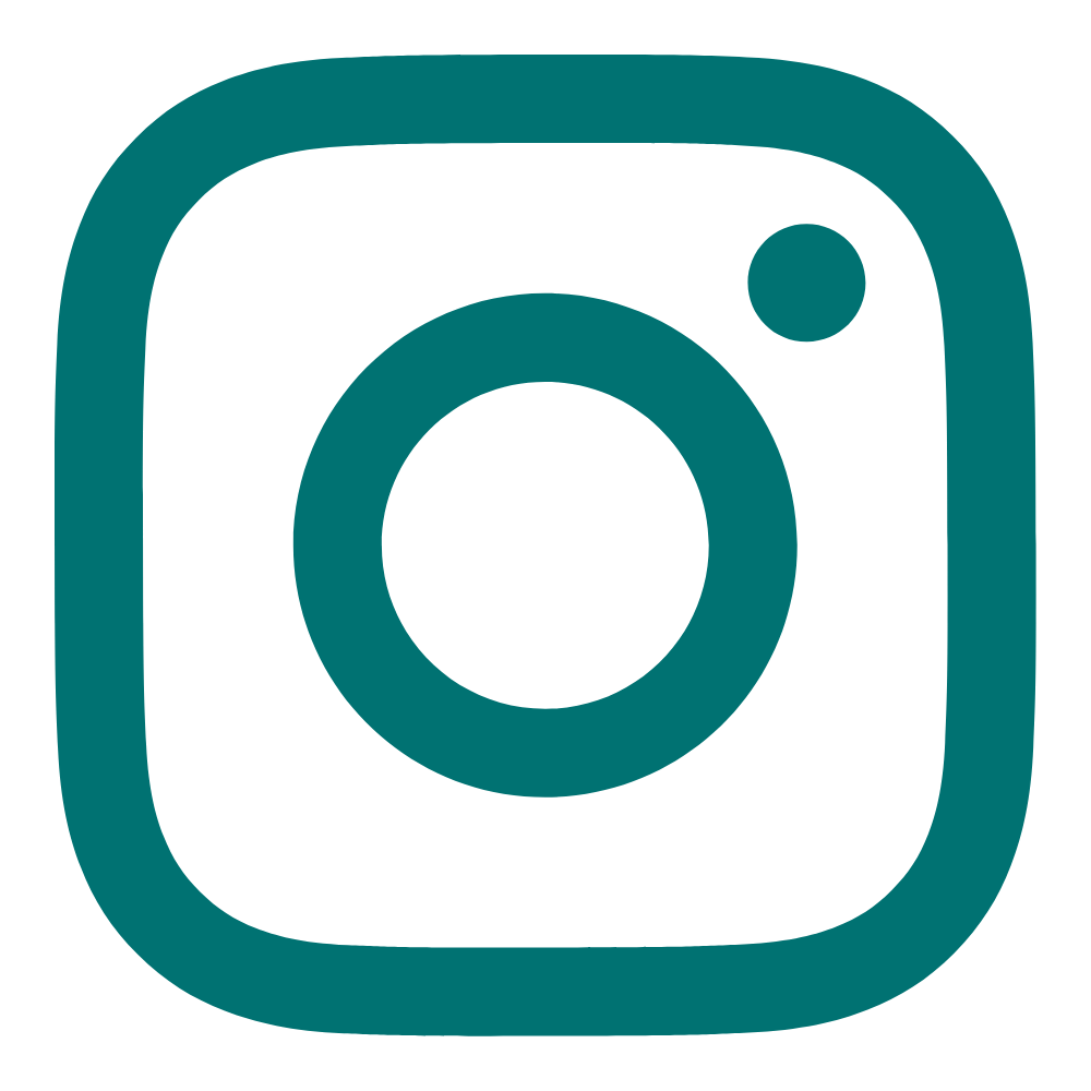 Instagram logo, a teal camera icon with a rounded square outline and a small circle representing a camera lens.