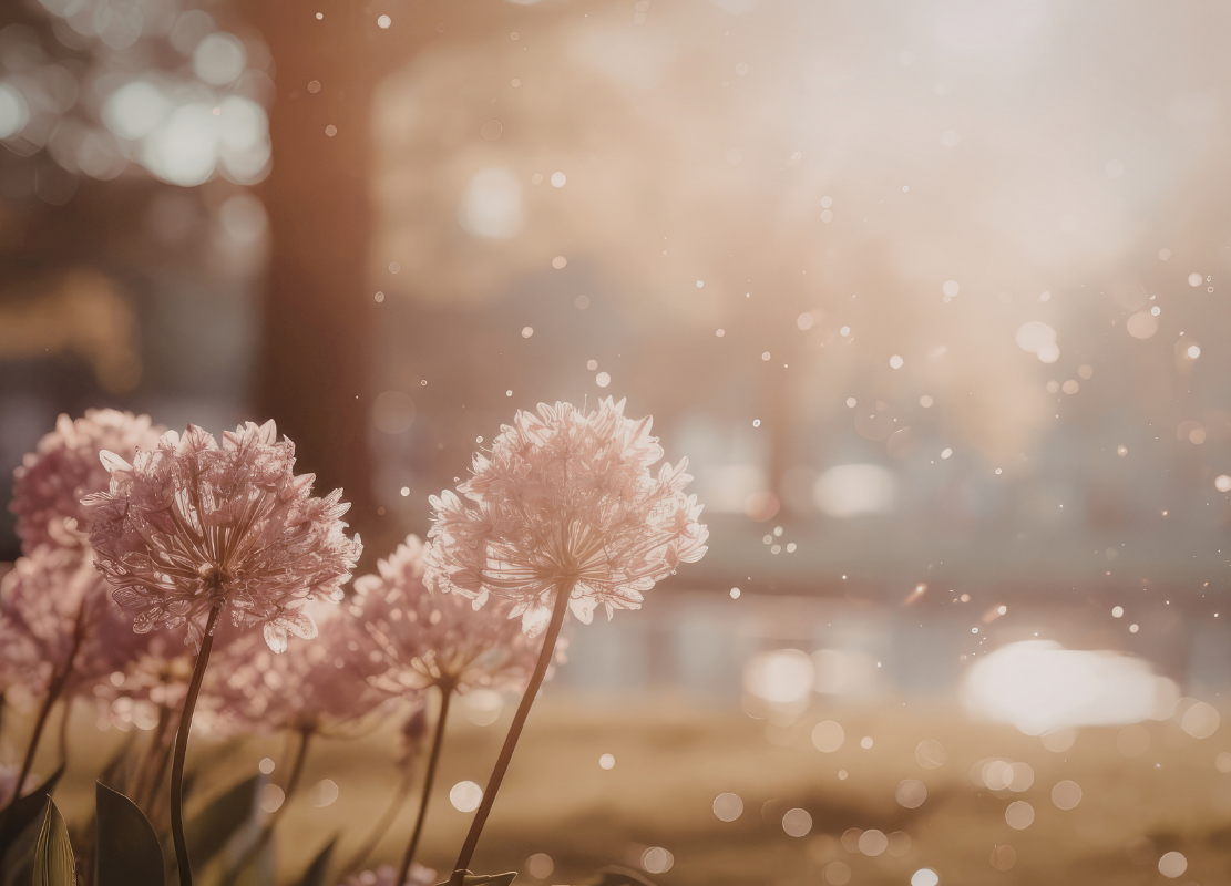Close-up of pink flowering plants outdoors with sunlight and bokeh effects in background.