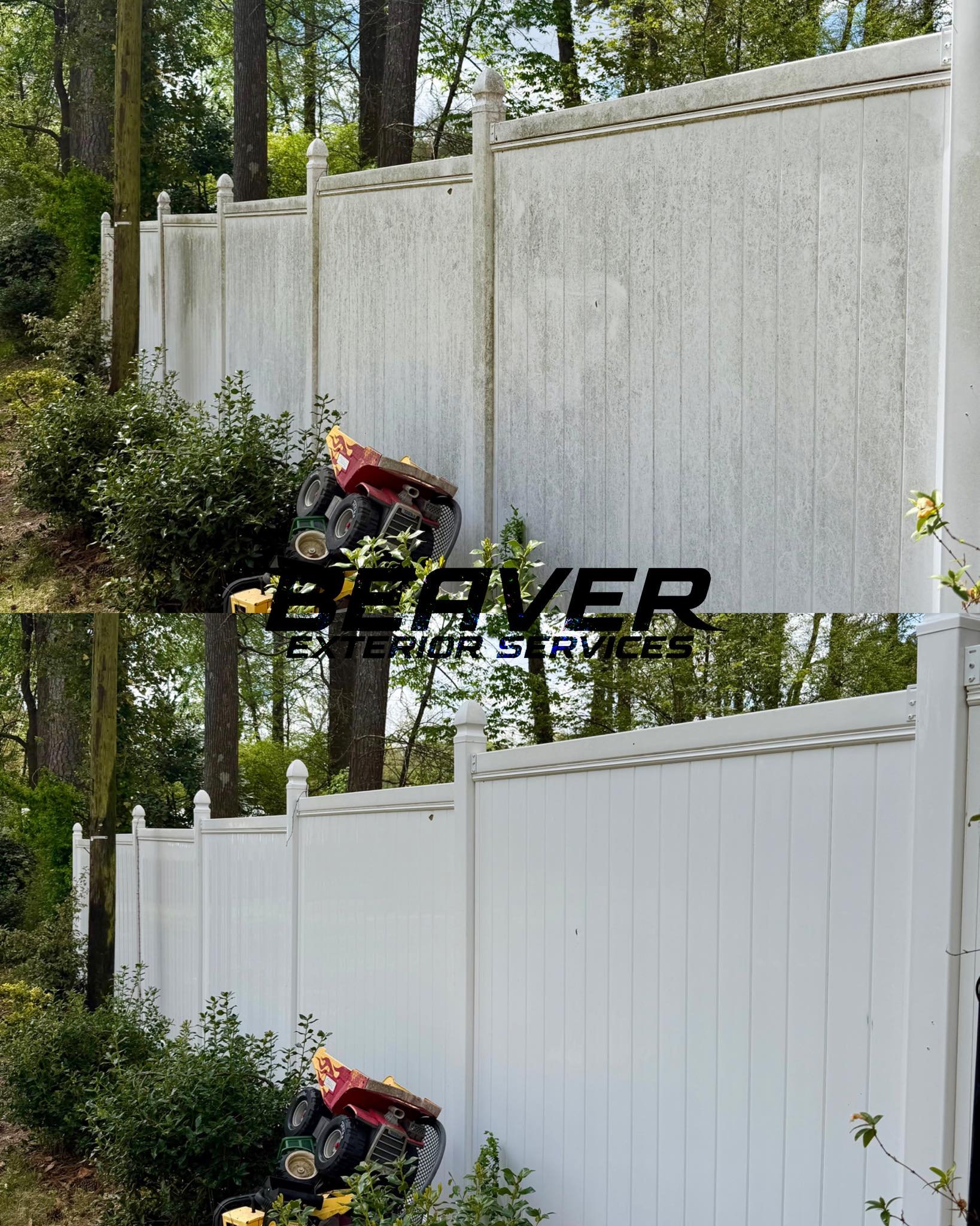 Comparison of a dirty outdoor white vinyl fence before and after cleaning, with a toy truck and greenery in the foreground.