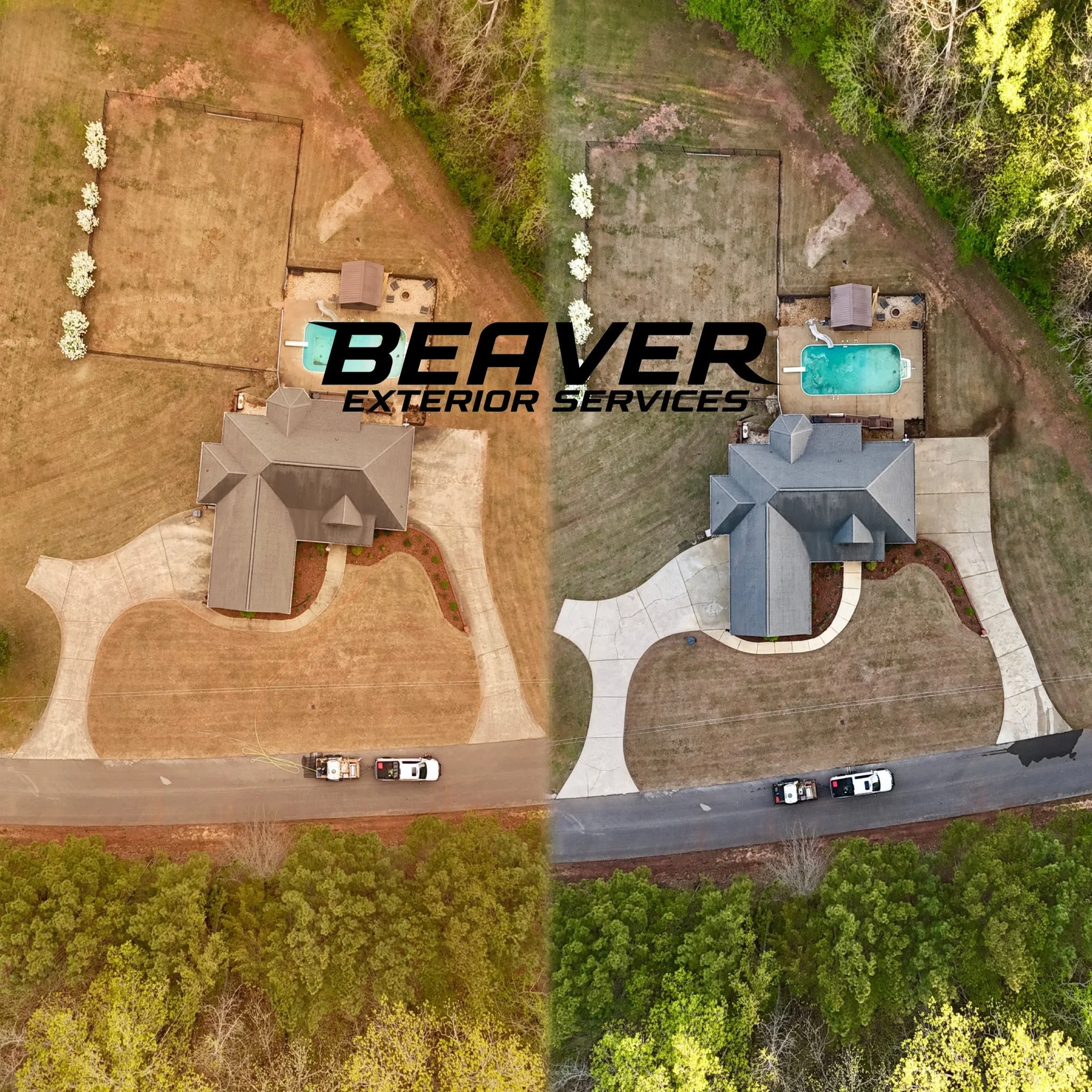 A split aerial view of a house and backyard before and after landscaping and exterior cleaning, with a large logo for 'Beaver Exterior Services' overlaid across the center.