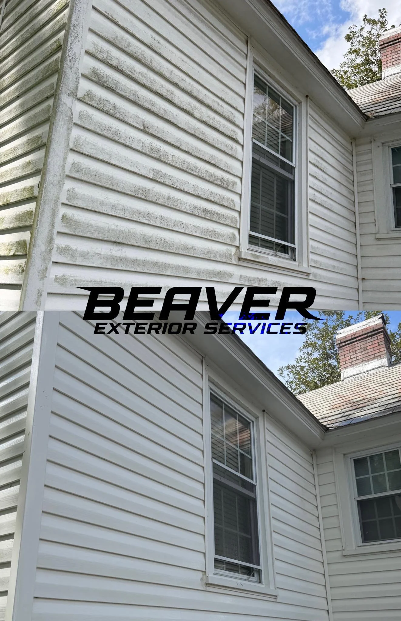Side view of a white house showing a window and part of the roof with siding before and after cleaning by Beaver Exterior Services.