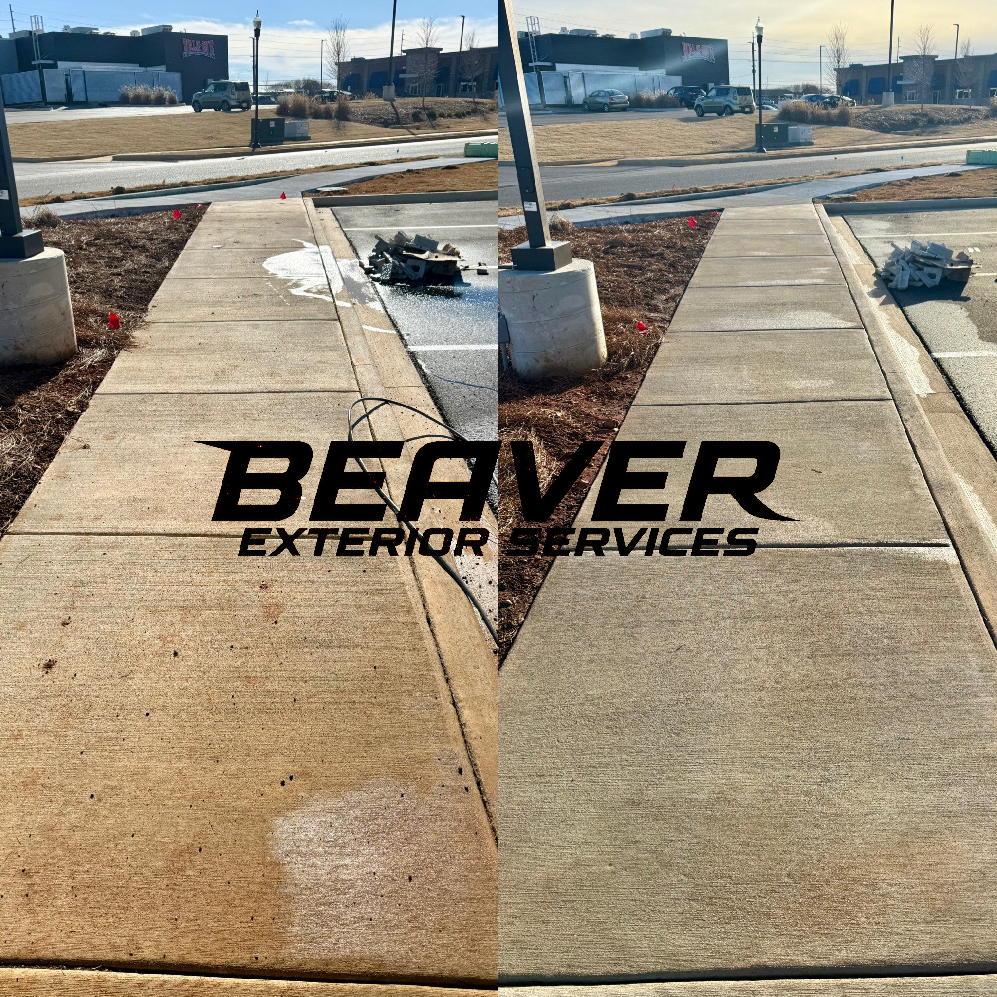Side-by-side comparison of a sidewalk before and after cleaning and sealing by Beaver Exterior Services, showing cleaner, brighter concrete.