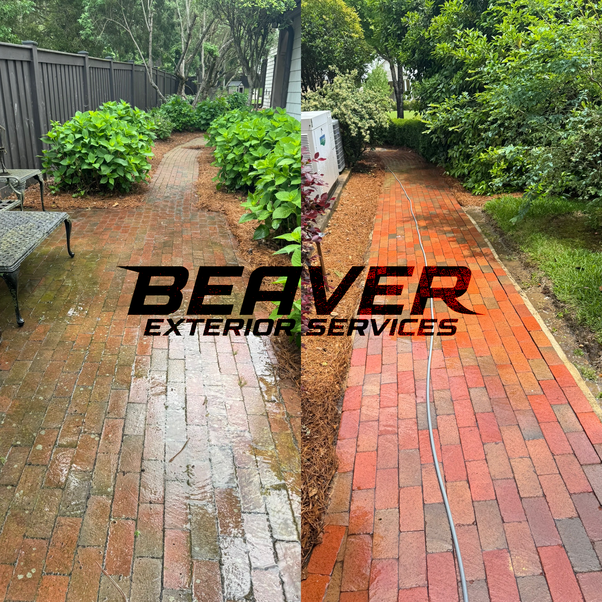 Comparison of a brick sidewalk before and after cleaning. The left side shows a wet, dirty brick pathway with moss and grime, while the right side shows a clean, bright brick pathway.