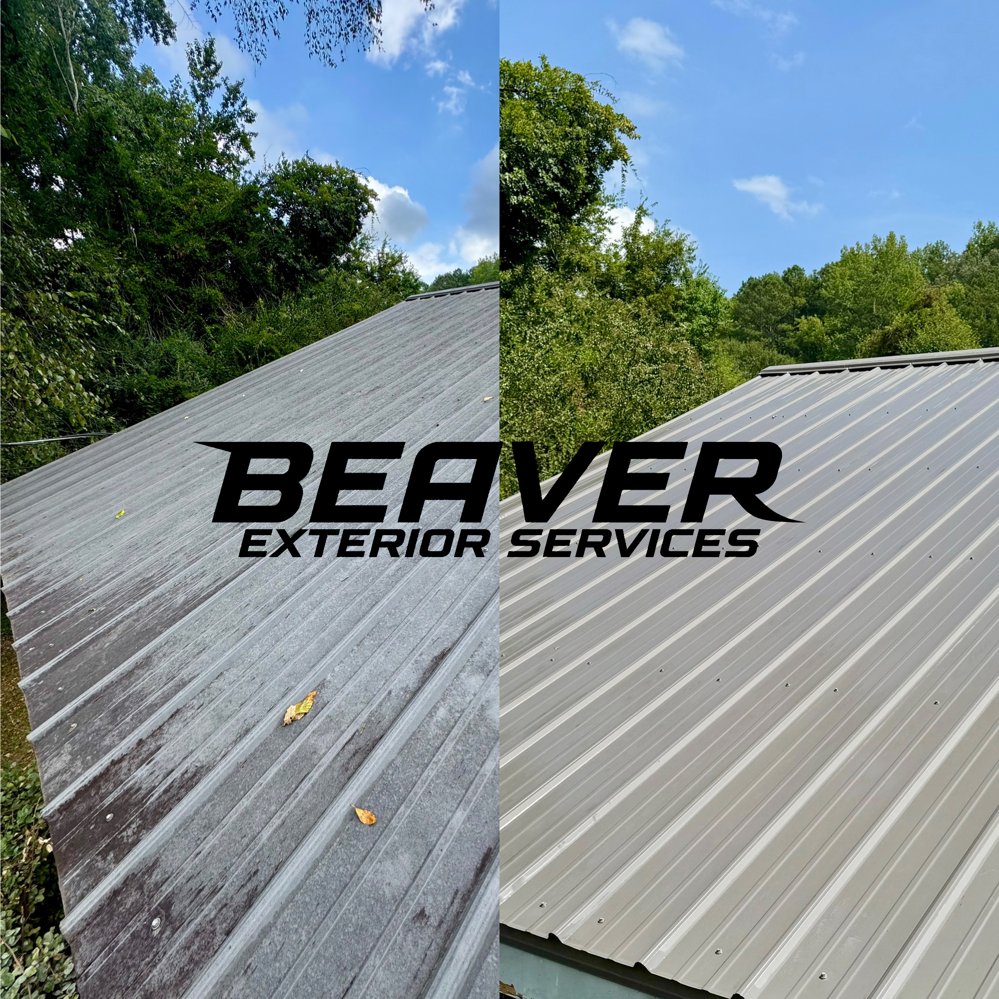 Comparison of a weathered dark gray metal roof on the left and a new light gray metal roof on the right, both with stormy sky and green trees in the background, overlaid with Becker Exterior Services logo.