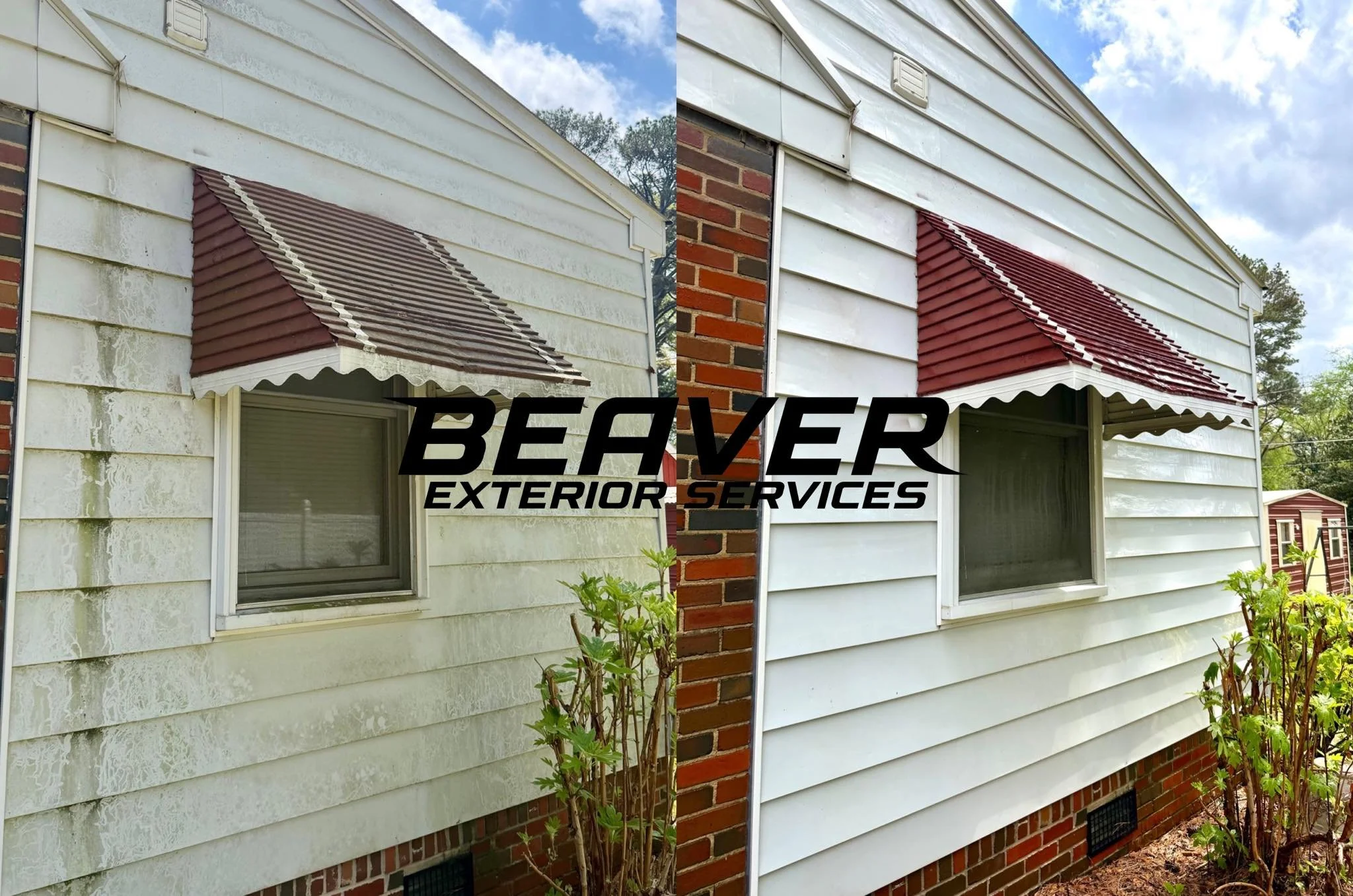 Comparison of house siding before and after cleaning, showing a white house exterior with a small window and red awning with scalloped edges, with green bushes in front and a partly cloudy sky in the background.