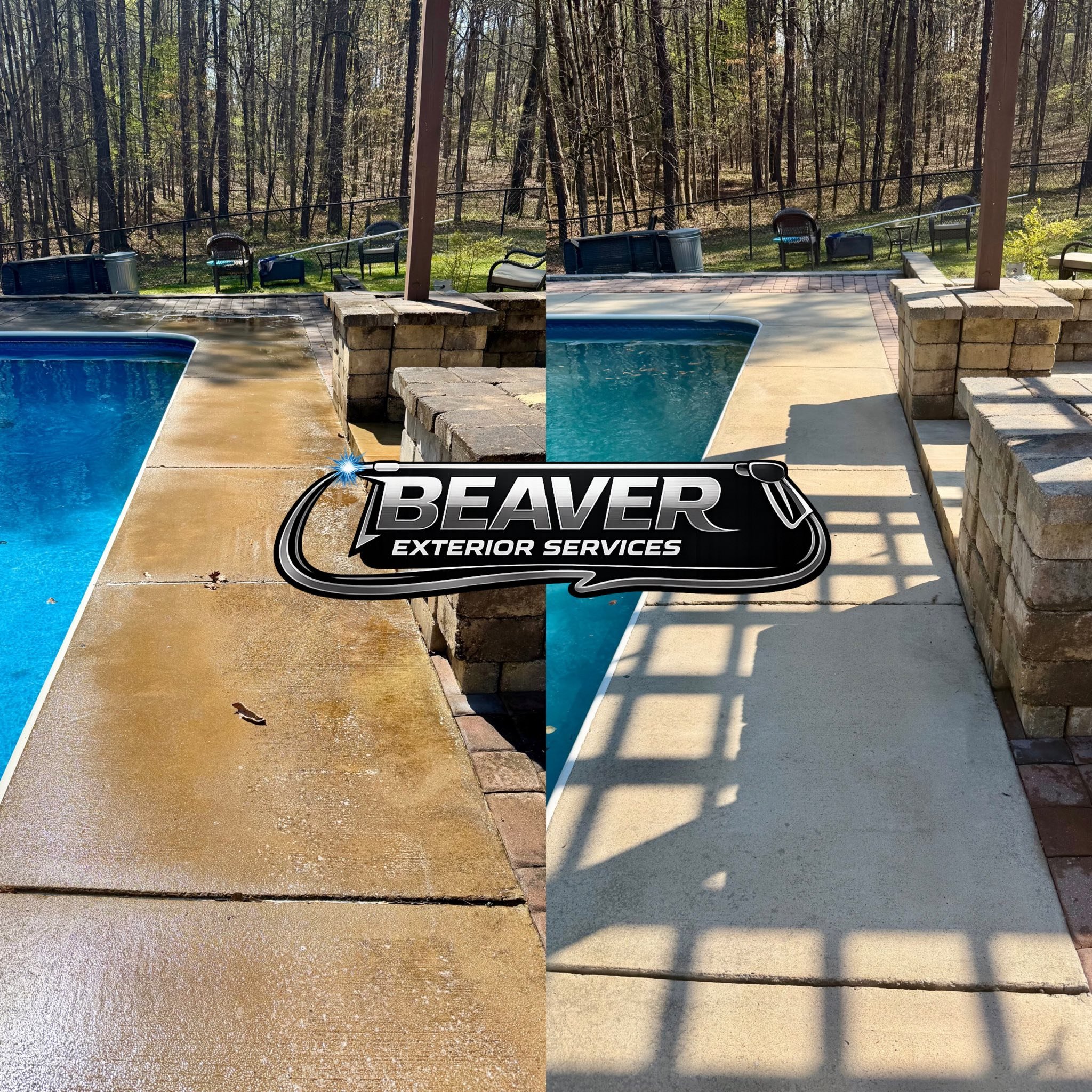 Side-by-side comparison of a concrete pool deck before and after cleaning, with the company's logo overlay reading 'Beaver Exterior Services'.