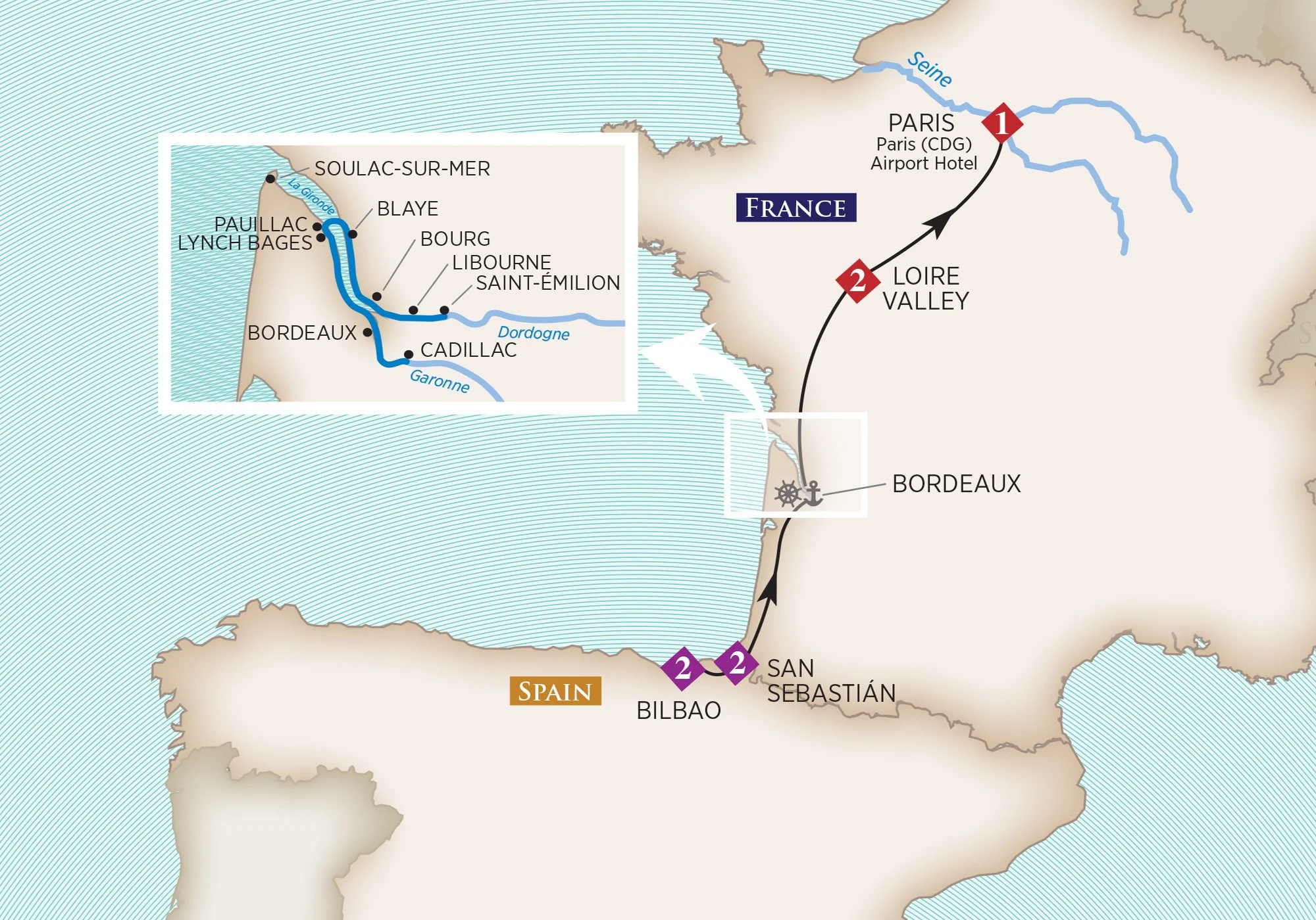 Map showing a route from Paris, France, to Bordeaux, Spain, passing through Loire Valley and San Sebastián, with an inset detail of the Bordeaux region including cities such as Pauillac, Lynch Bages, Soulac-sur-Mer, and others along the Dordogne and Garonne rivers.