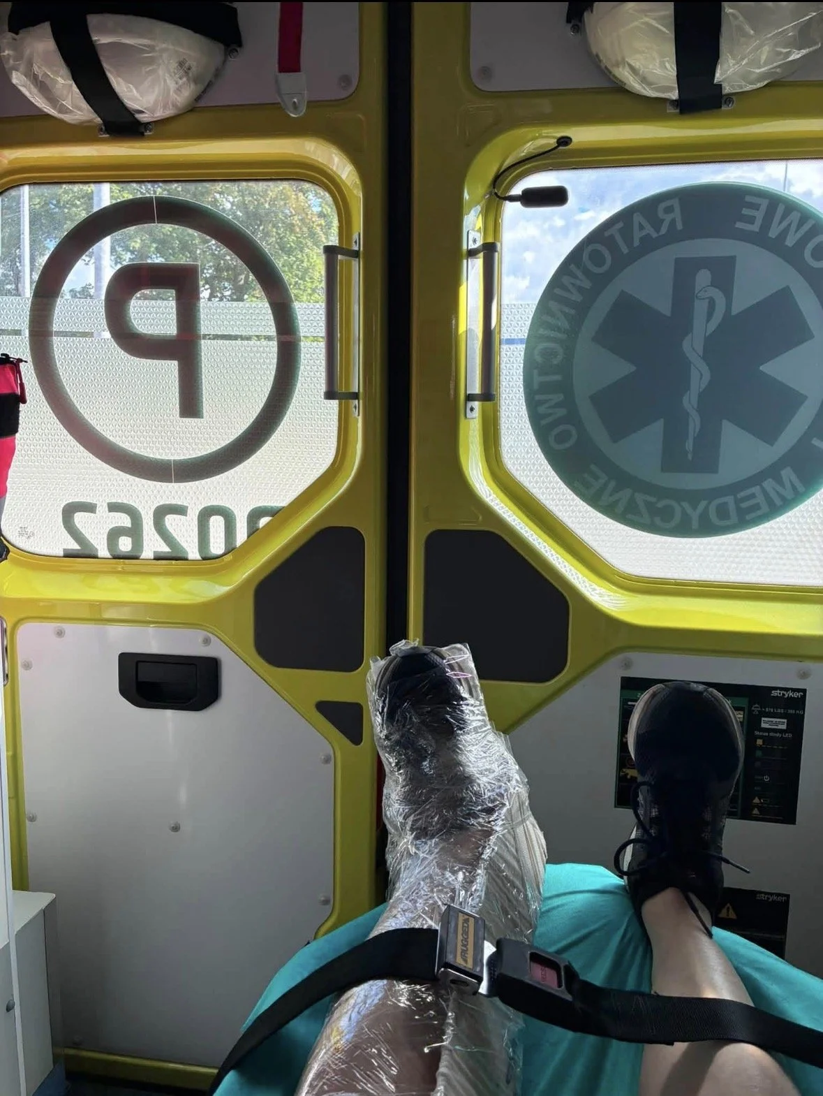 injured leg of a person in an ambulance in Poland
