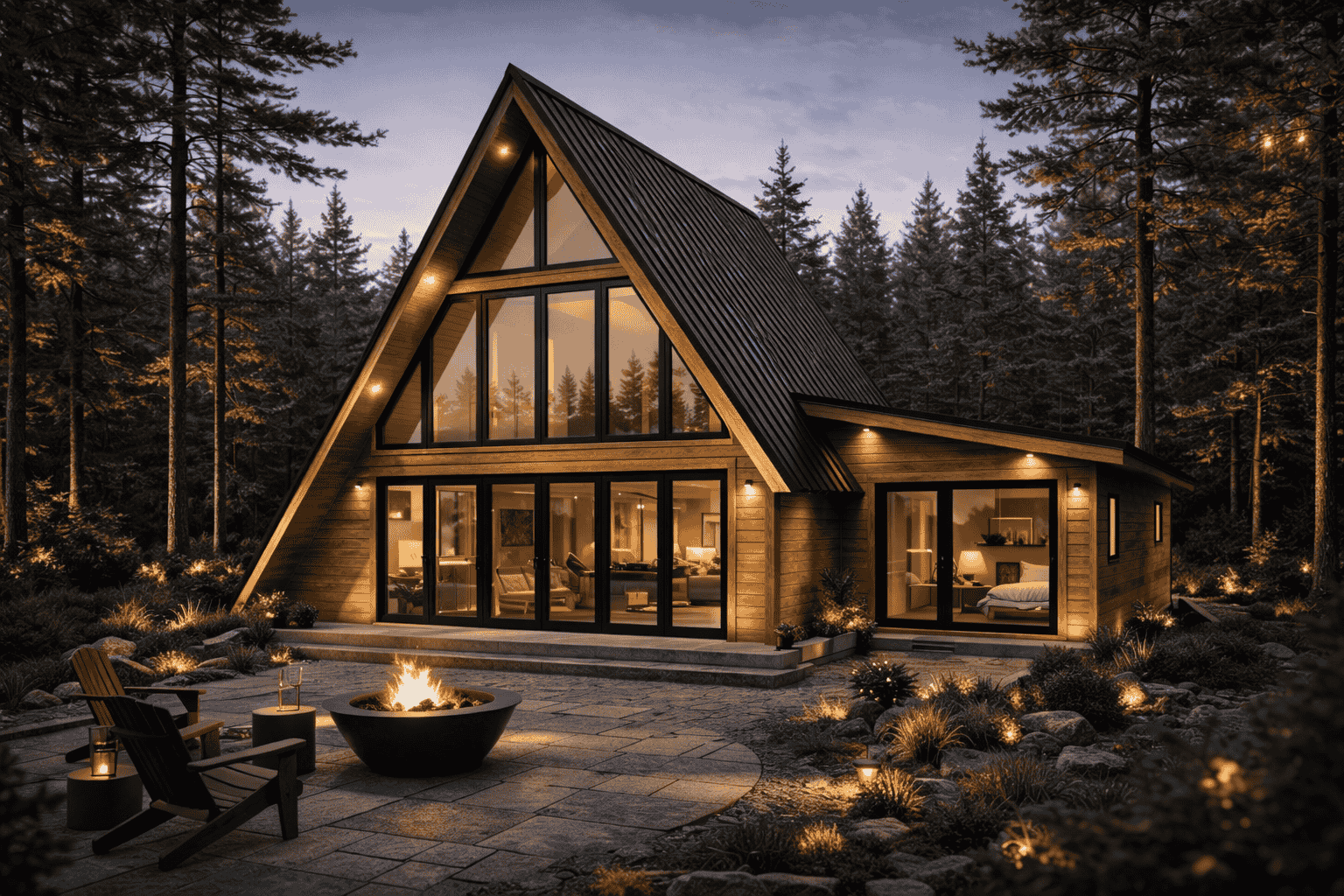 A modern A-frame cabin with large glass windows, illuminated from within, surrounded by trees at dusk, with a fire pit and outdoor seating area in the foreground.