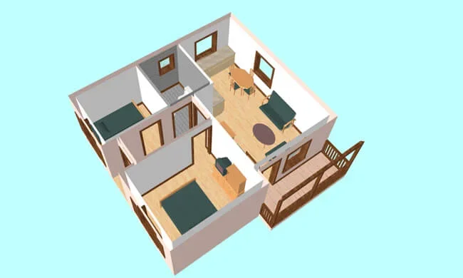 3D floor plan of a small apartment with two bedrooms, a bathroom, and a living room with a porch. The bedrooms have beds, and the living room has a sofa and dining table.