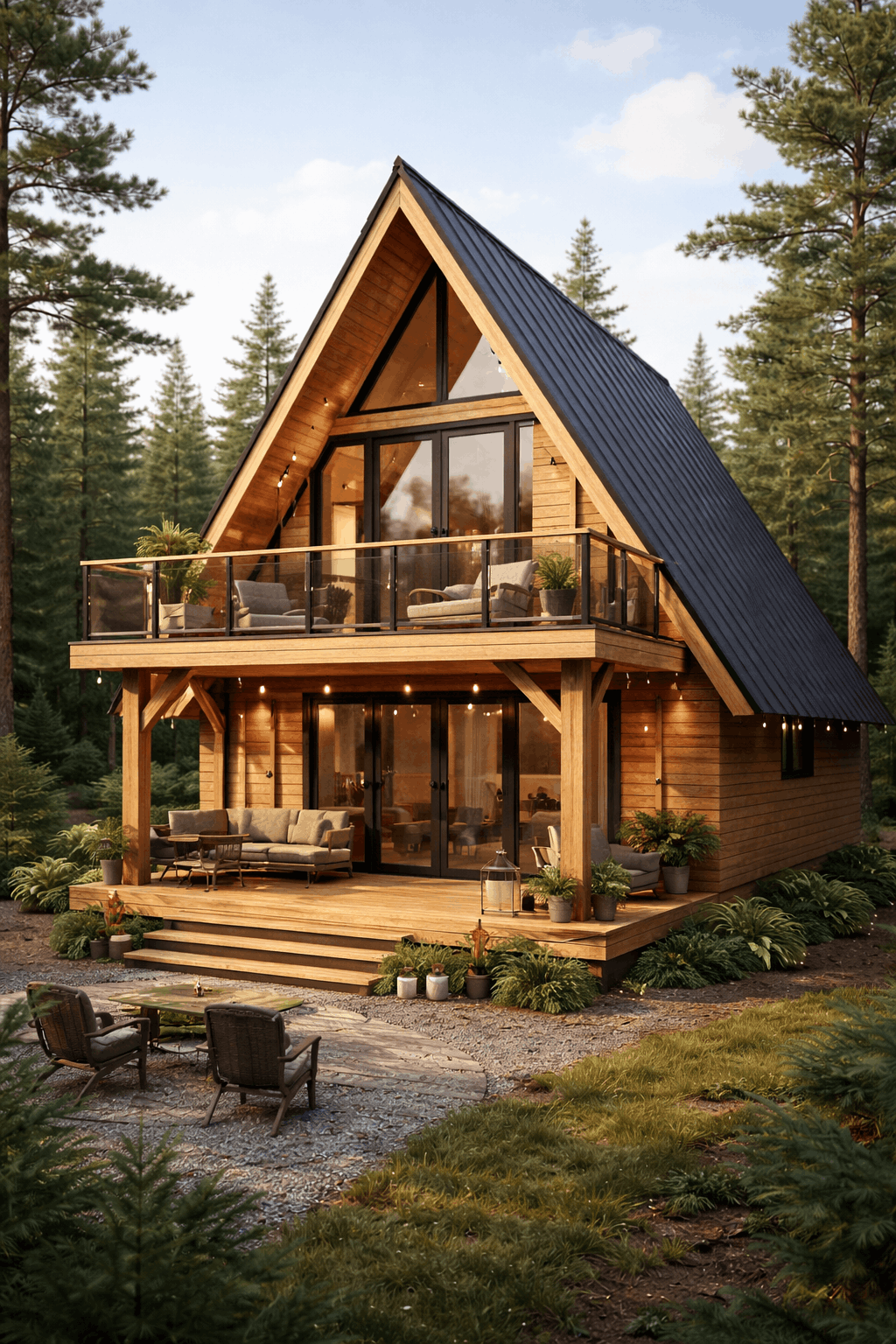 A modern A-frame cabin with a wooden exterior and black metal roof, featuring a large balcony and outdoor seating area surrounded by pine trees.