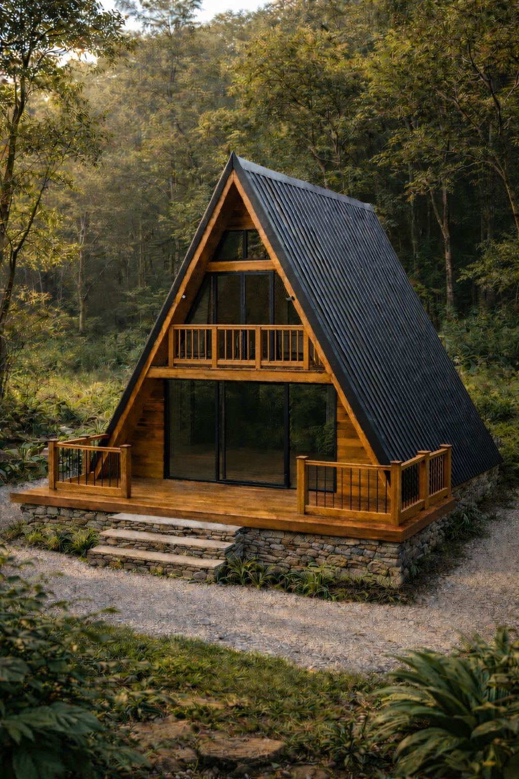 An A-frame cabin with wooden exterior and large glass doors, surrounded by lush greenery and tall trees in a forest setting