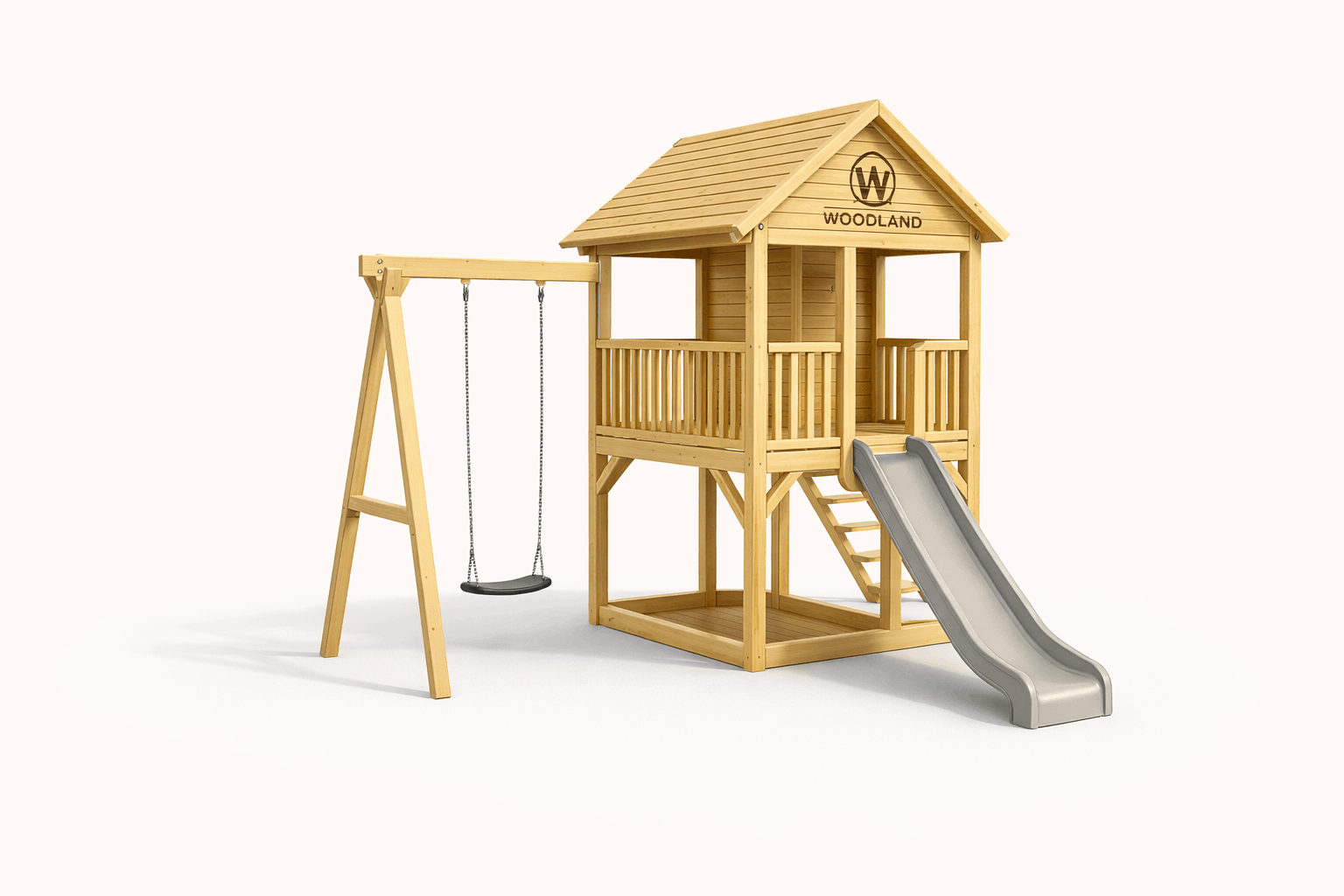 Wooden outdoor playset with a small house, slide, and swing in a neutral background.