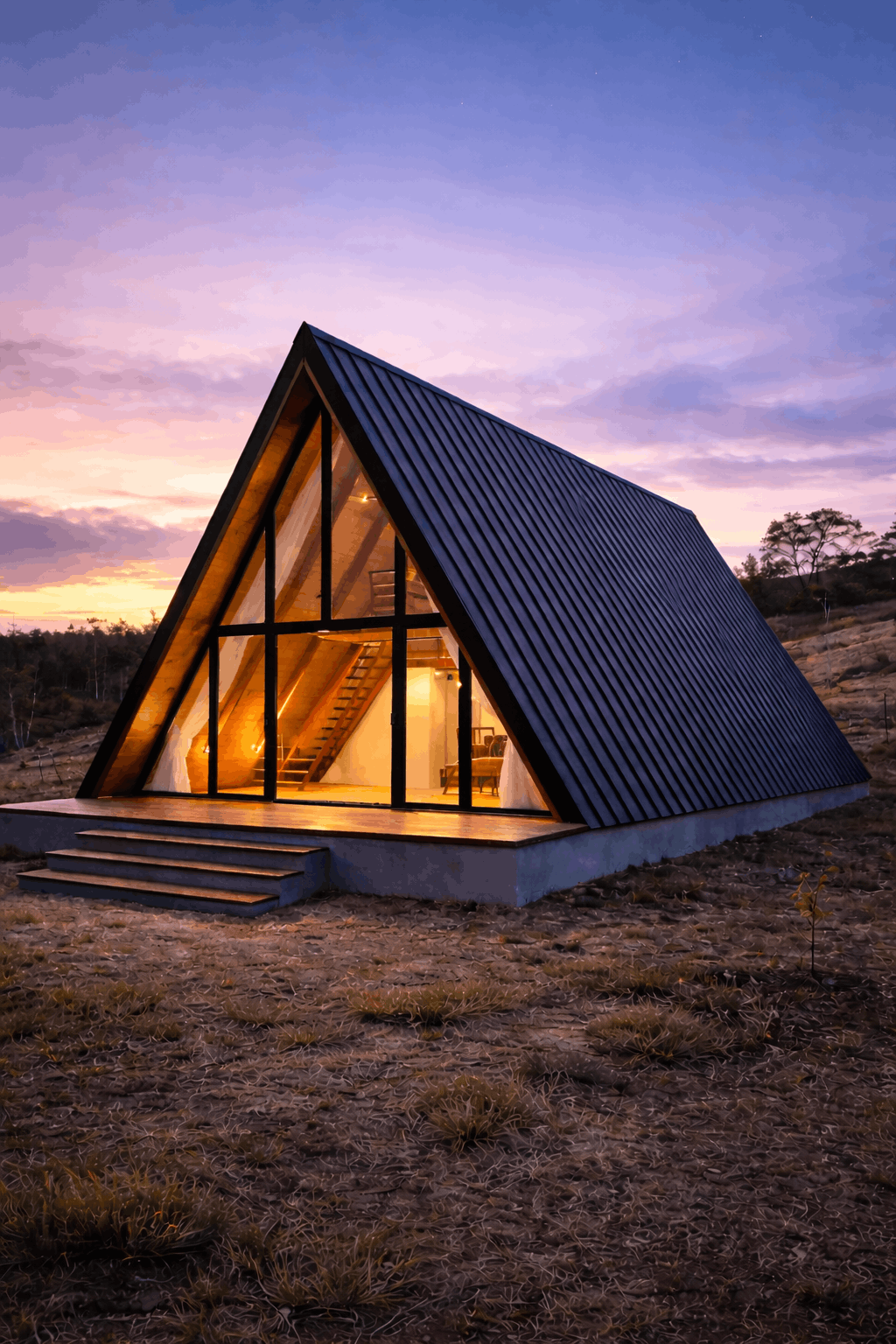 A modern A-frame house with large glass windows, illuminated from inside, surrounded by a rocky landscape at sunset.