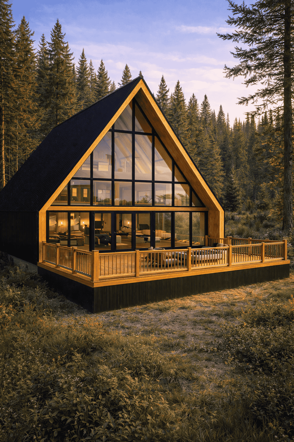 A modern A-frame house with large glass windows and a wooden deck, surrounded by a forest of tall pine trees at sunset.